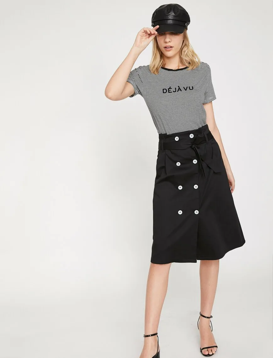 11880 Black Button Detaied Midi Skirt