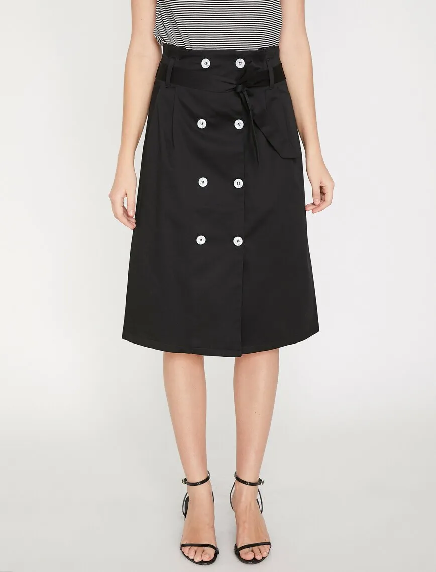 11880 Black Button Detaied Midi Skirt