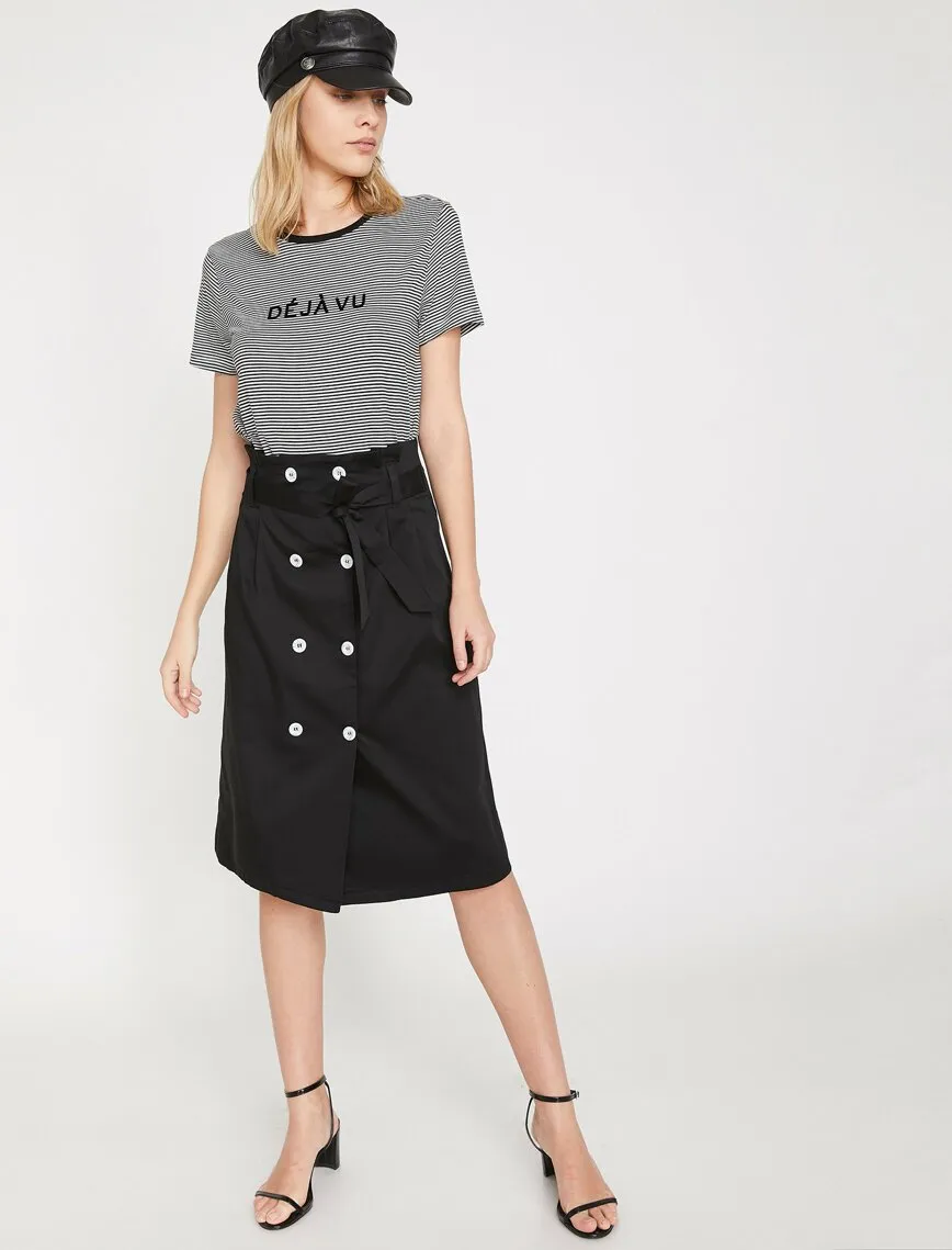 11880 Black Button Detaied Midi Skirt