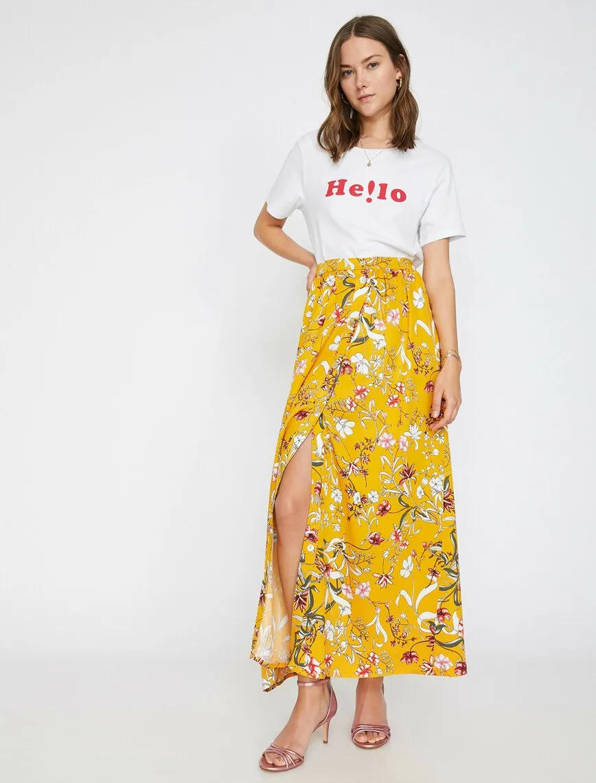 12194 Yellow Floral Midi Skirt