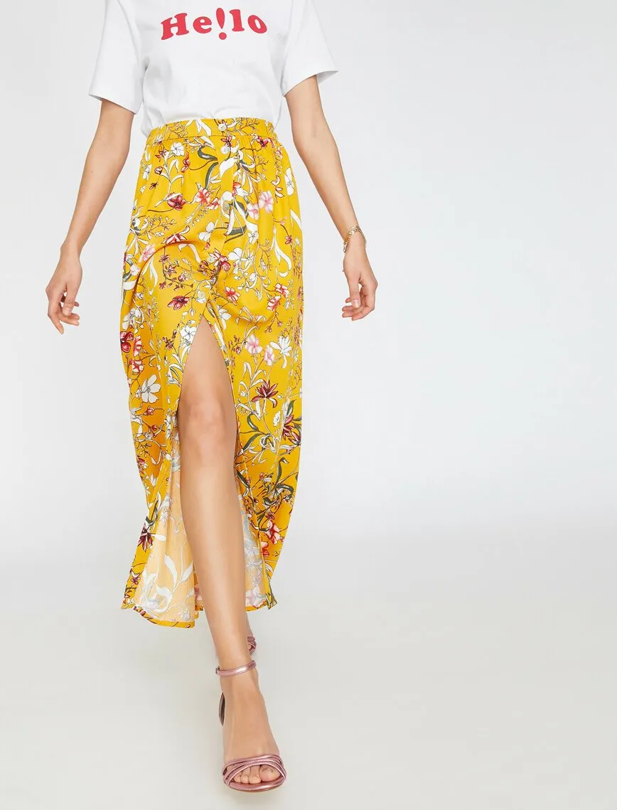 12194 Yellow Floral Midi Skirt