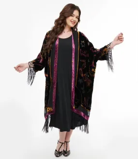 1920s Black Velvet Burnout Mystical Icons Fringe Kimono