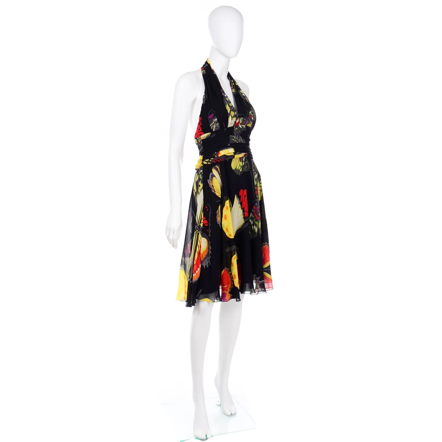 1990s Tadashi Vintage Silk Butterfly Print Halter Dress