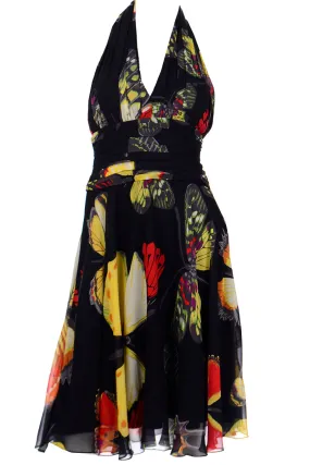 1990s Tadashi Vintage Silk Butterfly Print Halter Dress