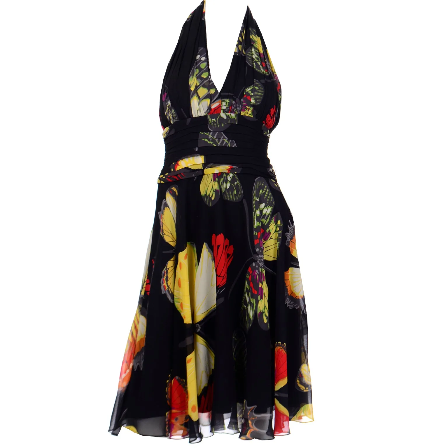 1990s Tadashi Vintage Silk Butterfly Print Halter Dress