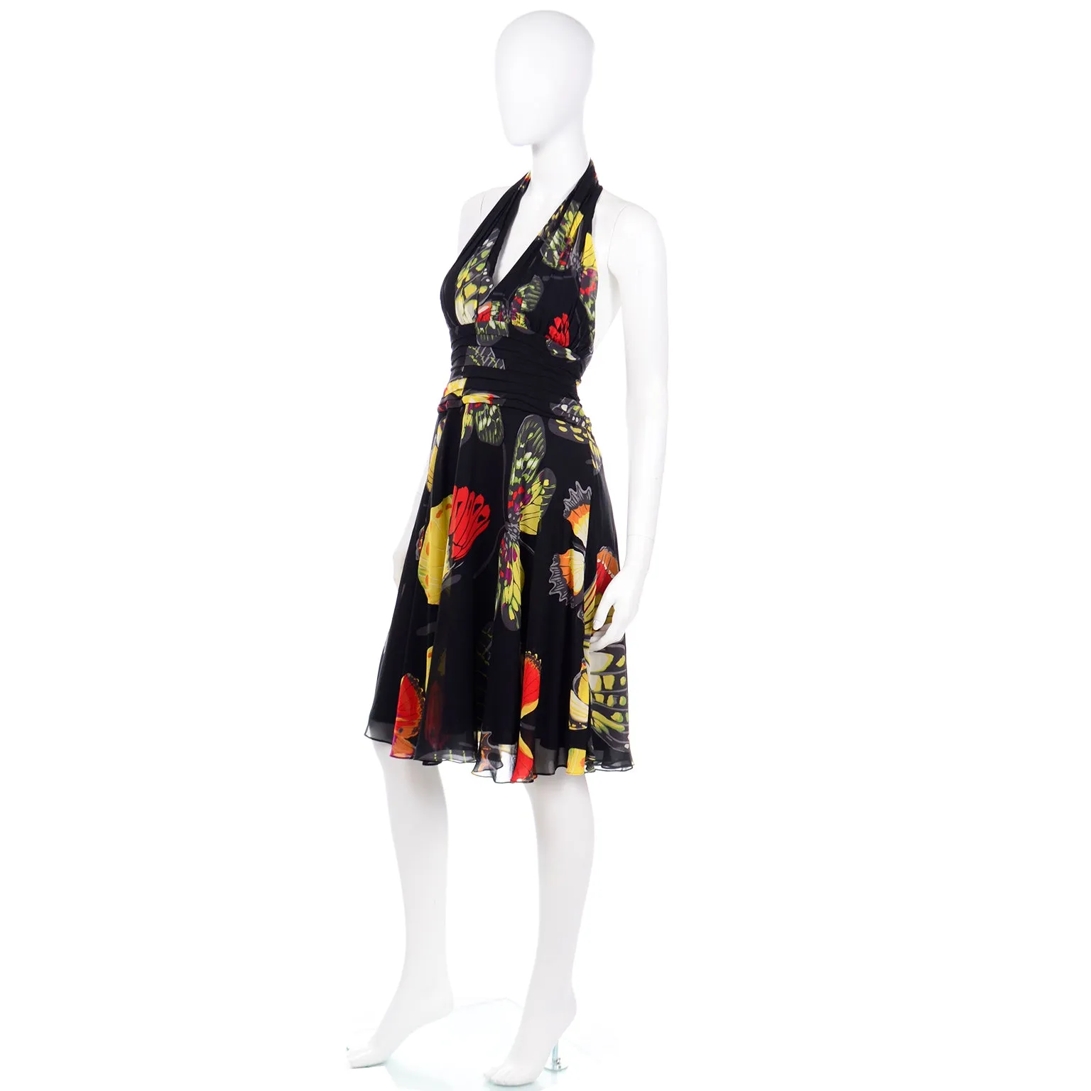 1990s Tadashi Vintage Silk Butterfly Print Halter Dress