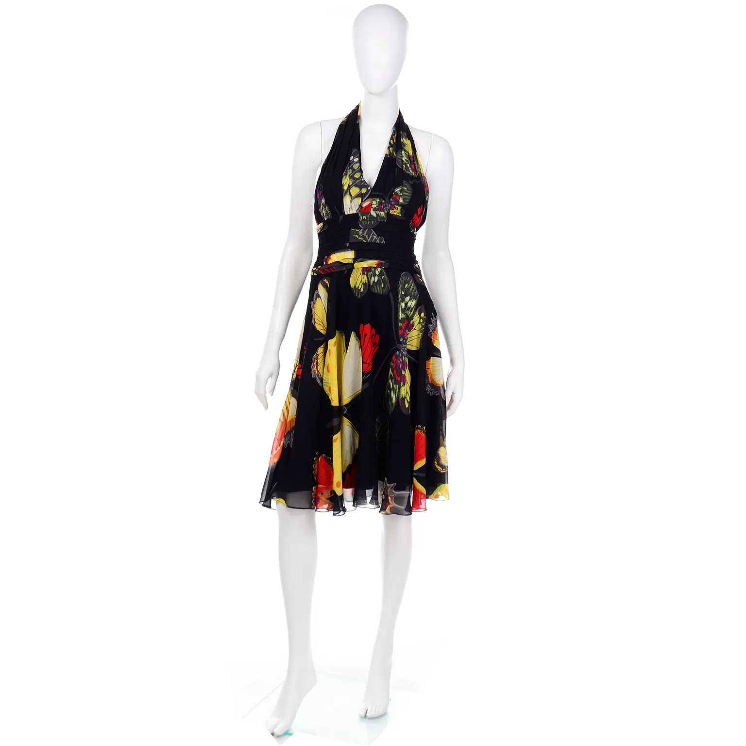 1990s Tadashi Vintage Silk Butterfly Print Halter Dress