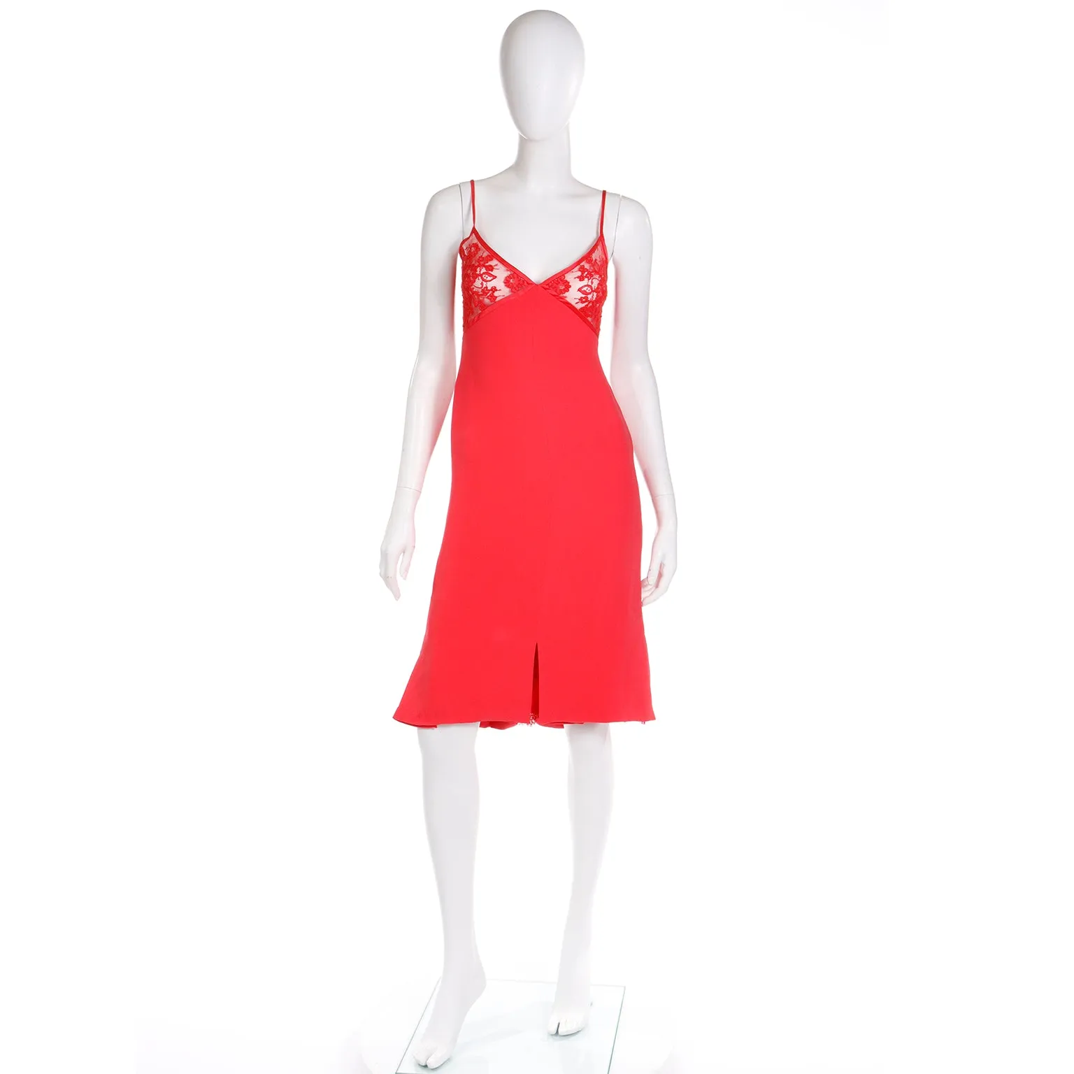 1990s Valentino Red Slip Dress With Lace Bodice & Inserts w Open Back