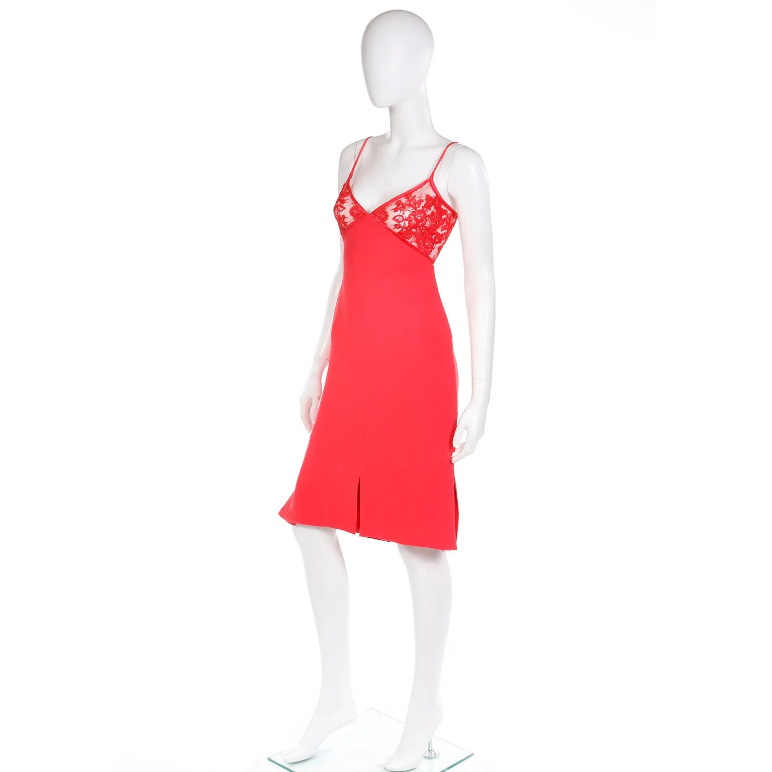 1990s Valentino Red Slip Dress With Lace Bodice & Inserts w Open Back