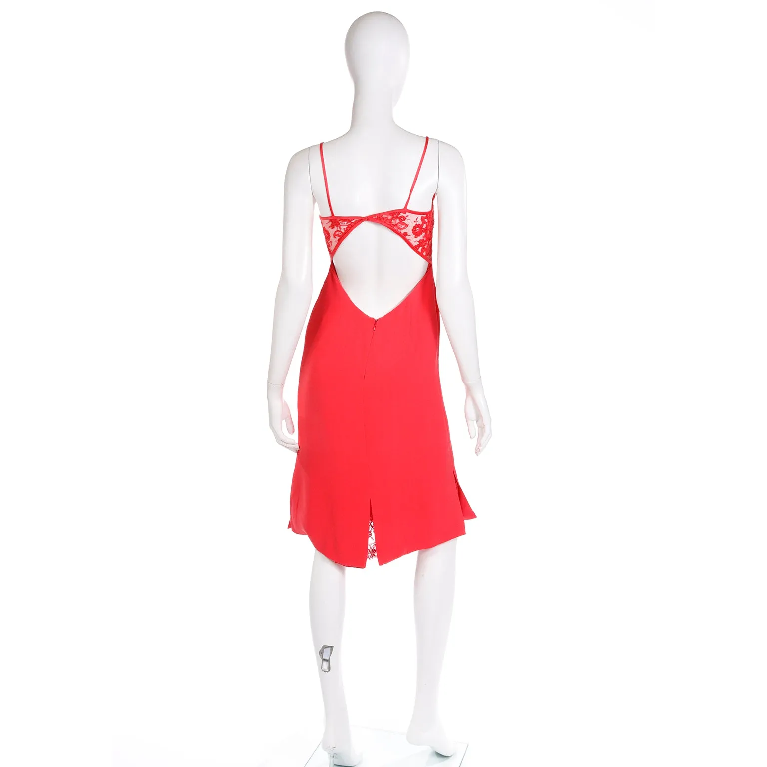 1990s Valentino Red Slip Dress With Lace Bodice & Inserts w Open Back