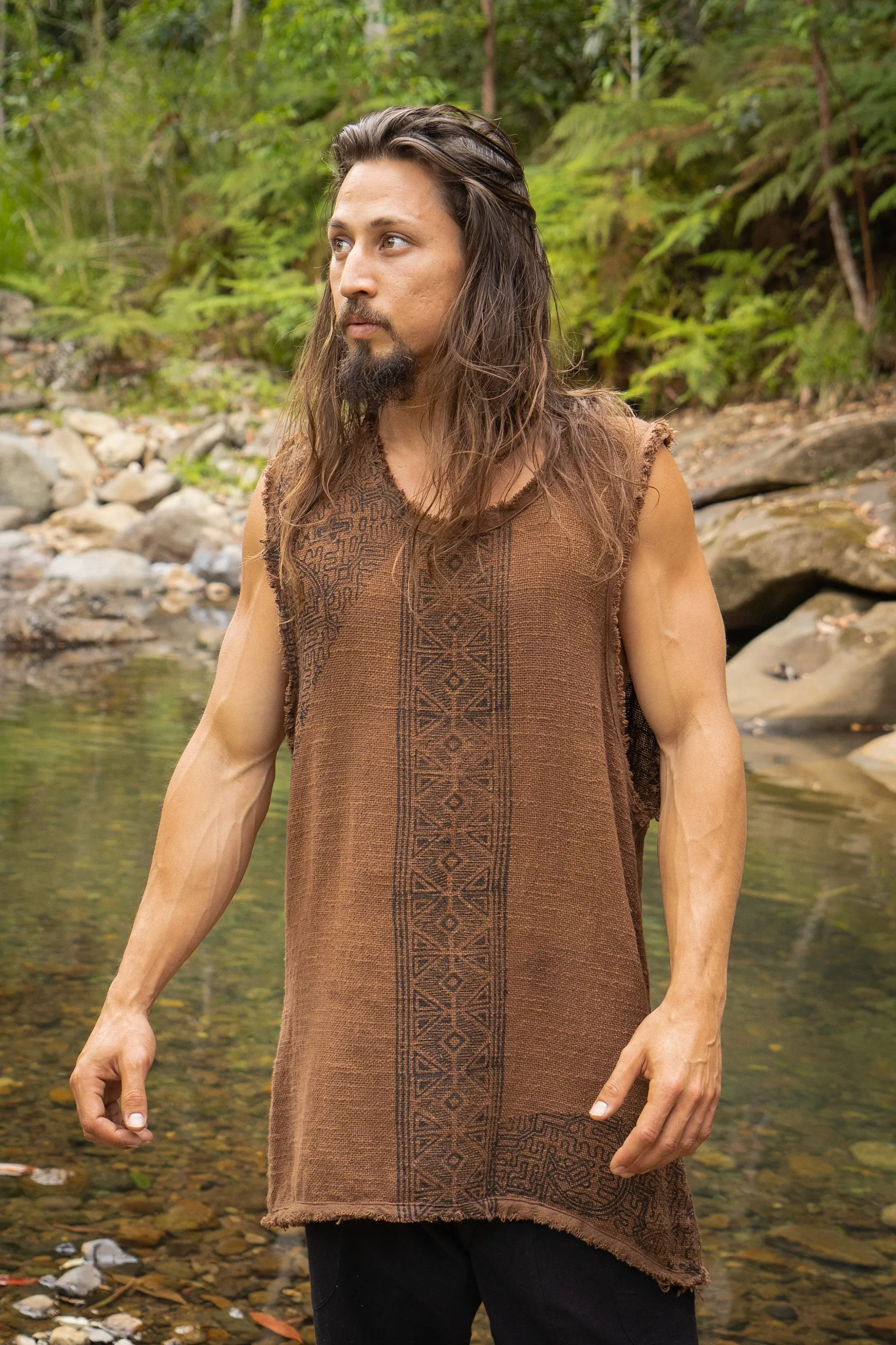 AKAU Brown Tank Top Sleeveless Shirt Shipibo Block Printed Handmade Natural Muscle Cotton Shamanic Tribal Festival Ceremony Ritual AJJAYA