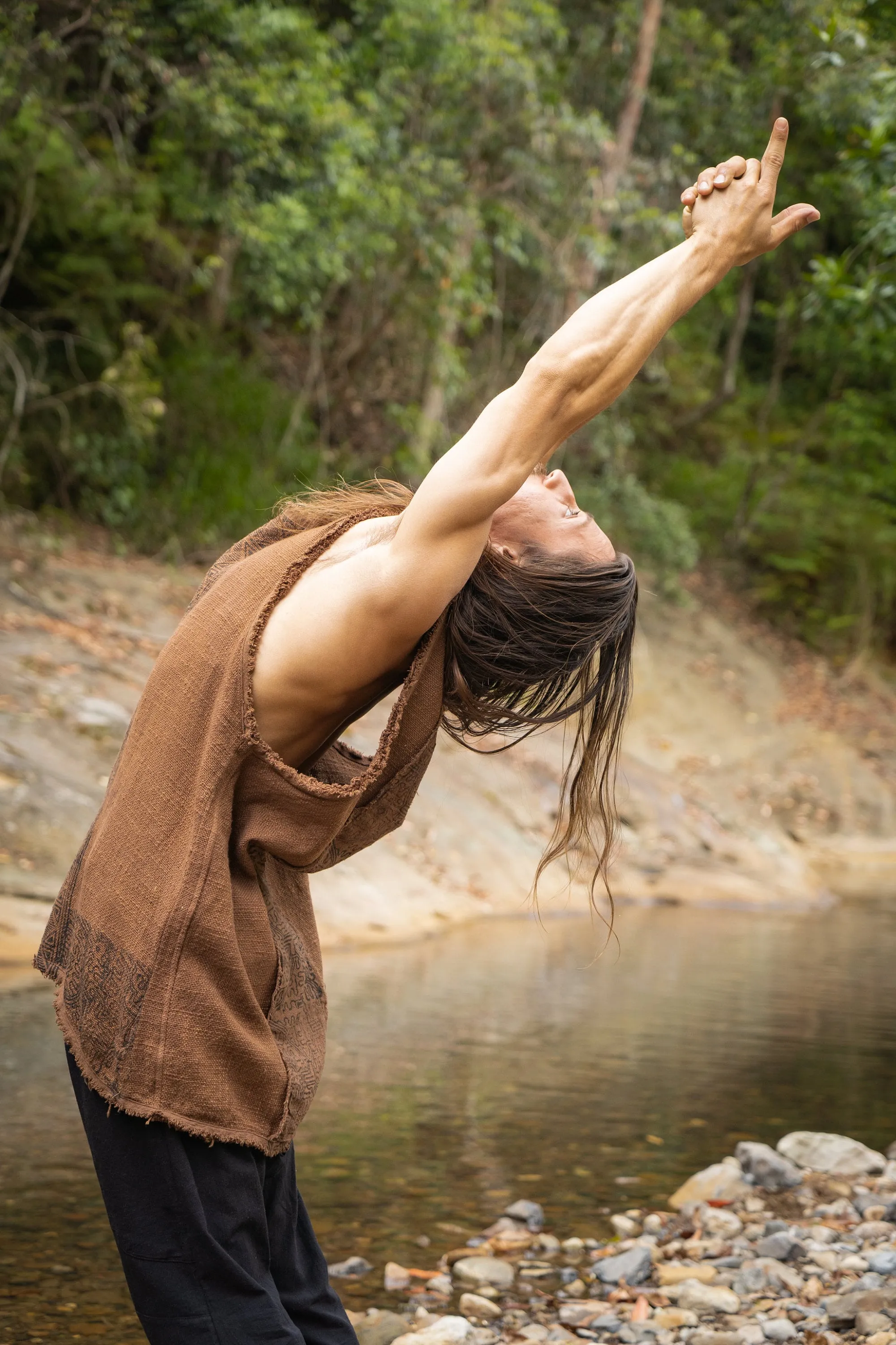 AKAU Brown Tank Top Sleeveless Shirt Shipibo Block Printed Handmade Natural Muscle Cotton Shamanic Tribal Festival Ceremony Ritual AJJAYA