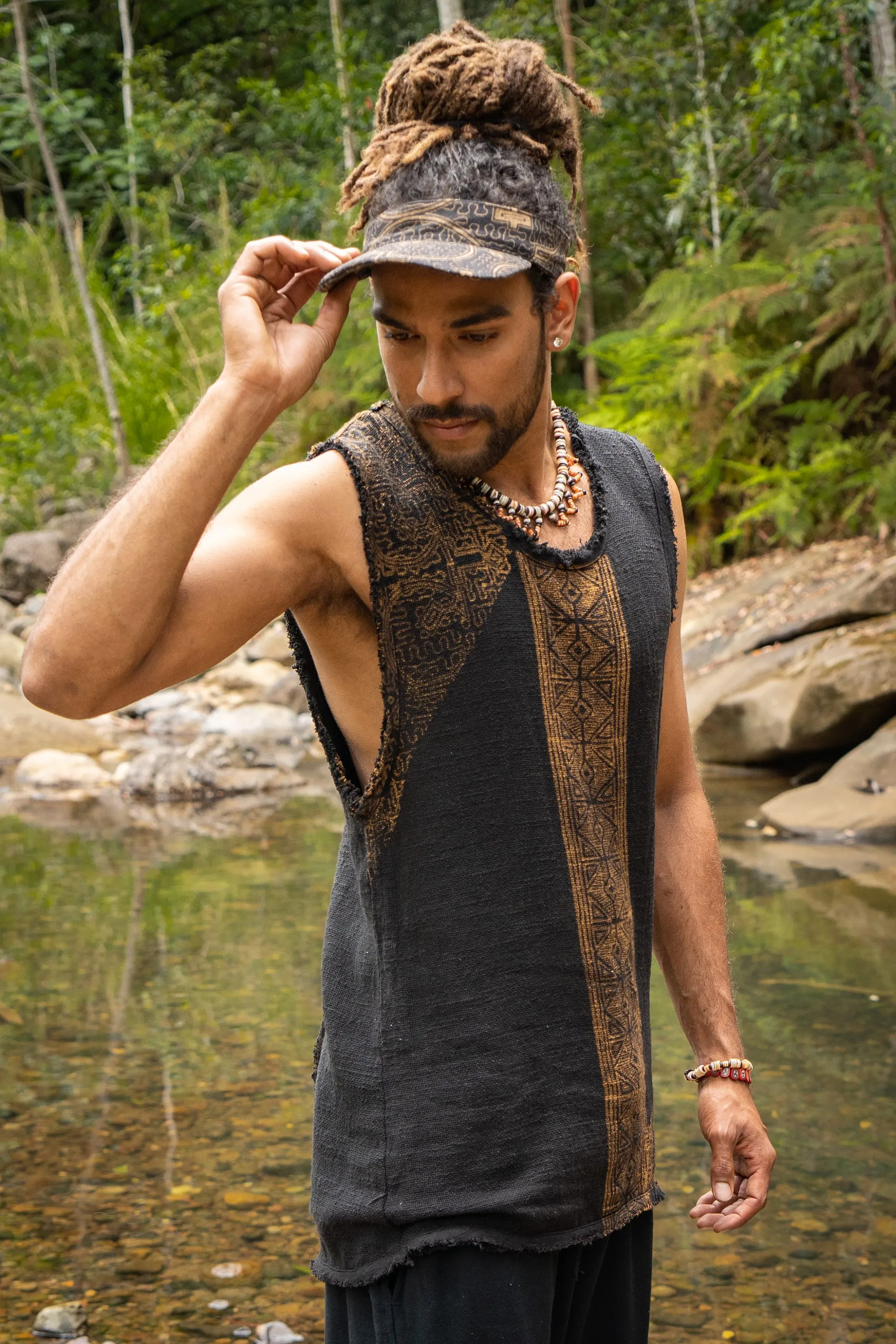 AKAU Mens Beige Tank Top Sleeveless Shirt Shipibo Block Printed Handmade Natural Muscle Cotton Shaman Tribal Festival Ceremony Ritual AJJAYA