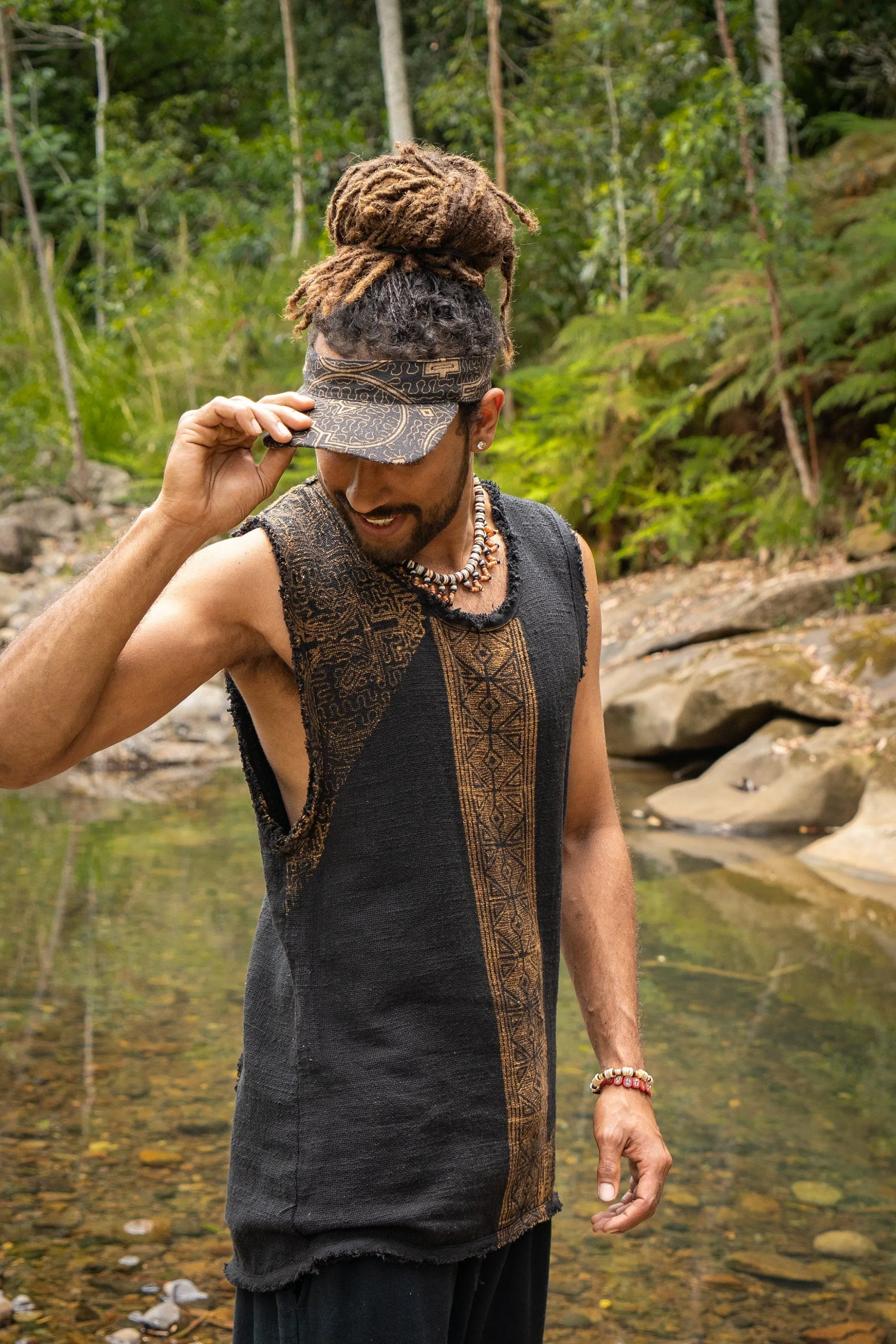 AKAU Mens Beige Tank Top Sleeveless Shirt Shipibo Block Printed Handmade Natural Muscle Cotton Shaman Tribal Festival Ceremony Ritual AJJAYA