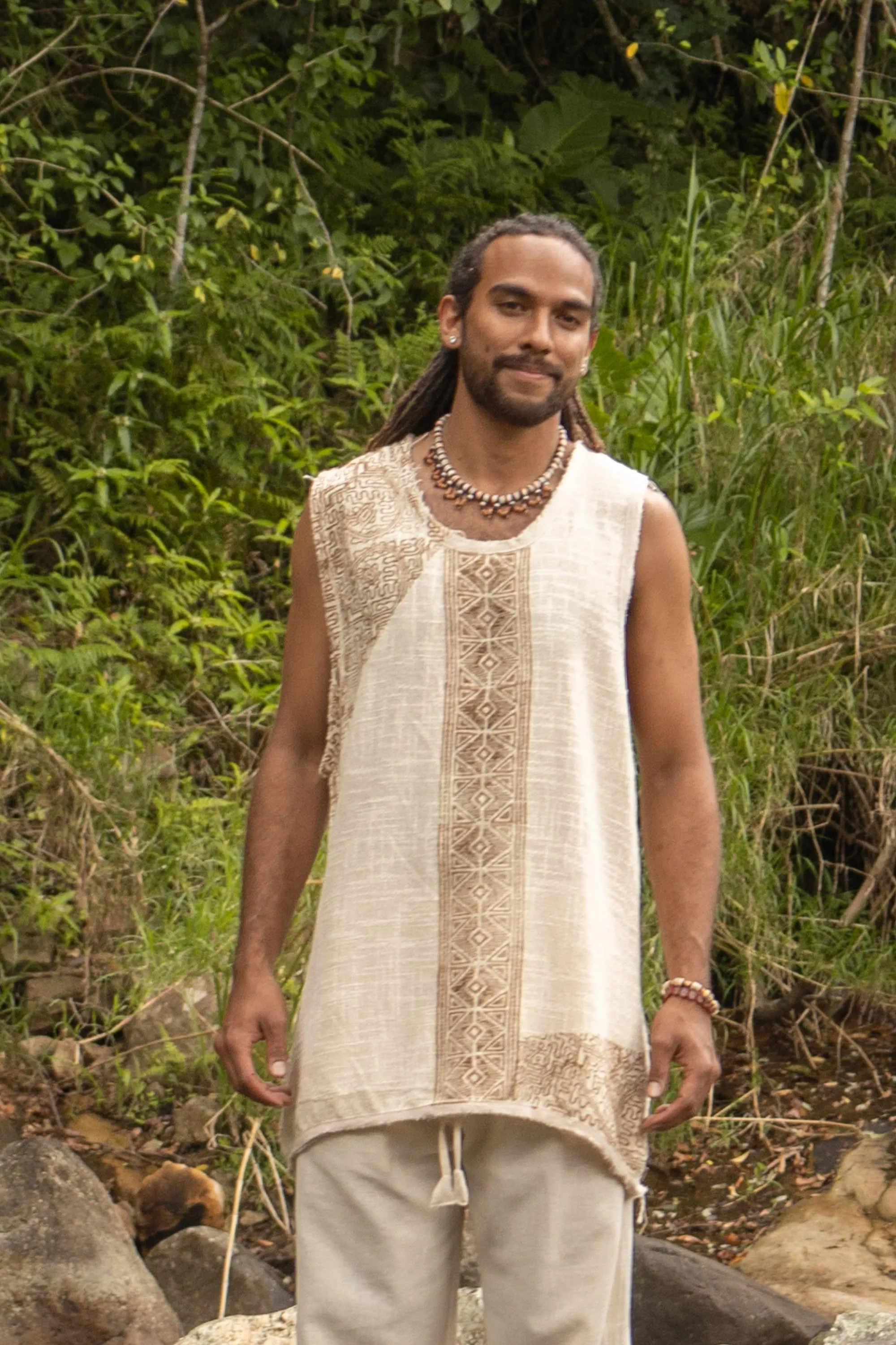 AKAU Mens Beige Tank Top Sleeveless Shirt Shipibo Block Printed Handmade Natural Muscle Cotton Shaman Tribal Festival Ceremony Ritual AJJAYA