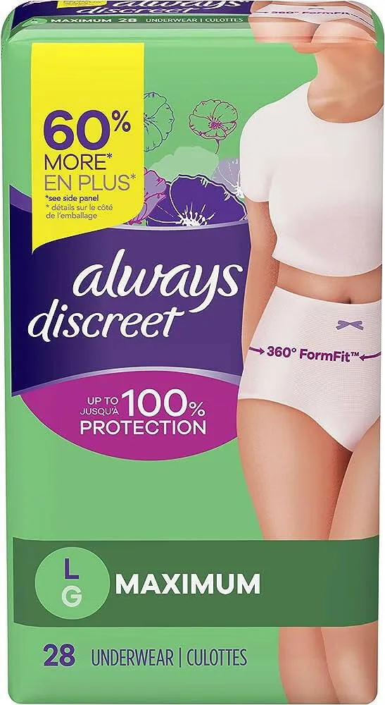 Always Discreet Adult Incontinence & Postpartum Incontinence Underwear for Women, Large, Maximum Protection, Disposable, 28 Count