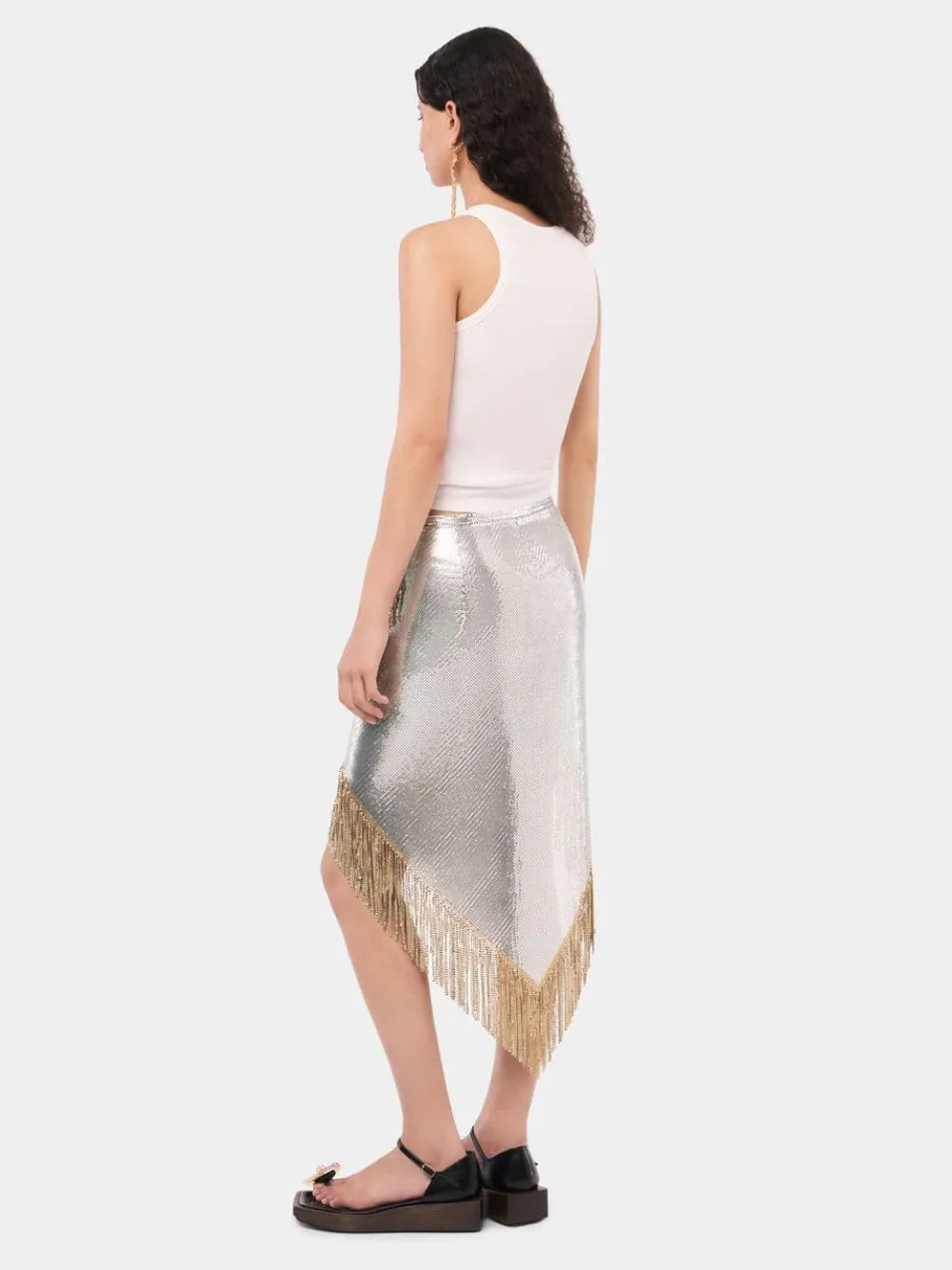 Asymmetrical Chainmail Skirt with Metallic Fringes