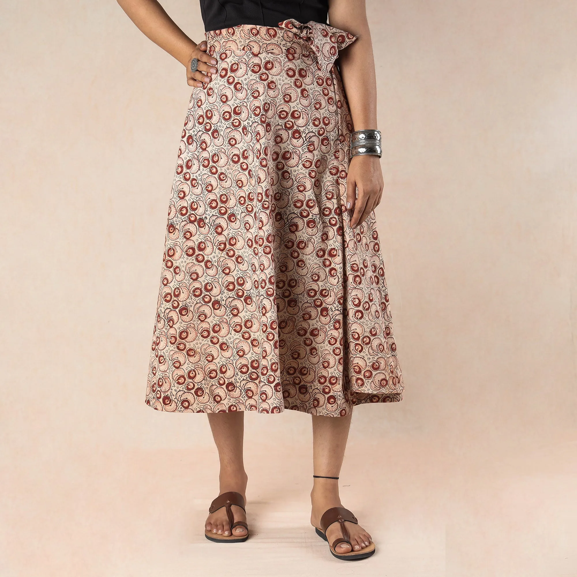 Beige - Kalamkari Block Printed Cotton Wrap Around Skirt