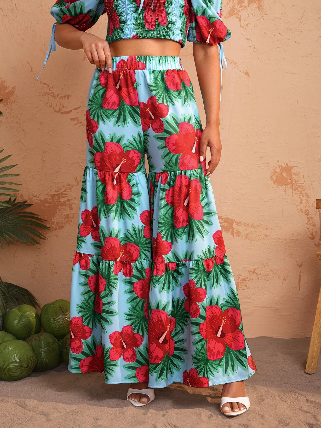 BELANGE HANDMADE X SHEIN - Elastic Waist Wide Leg Printed Pants- Available on SHEIN.COM Only