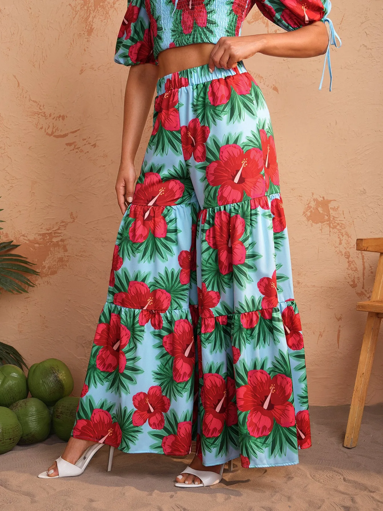 BELANGE HANDMADE X SHEIN - Elastic Waist Wide Leg Printed Pants- Available on SHEIN.COM Only