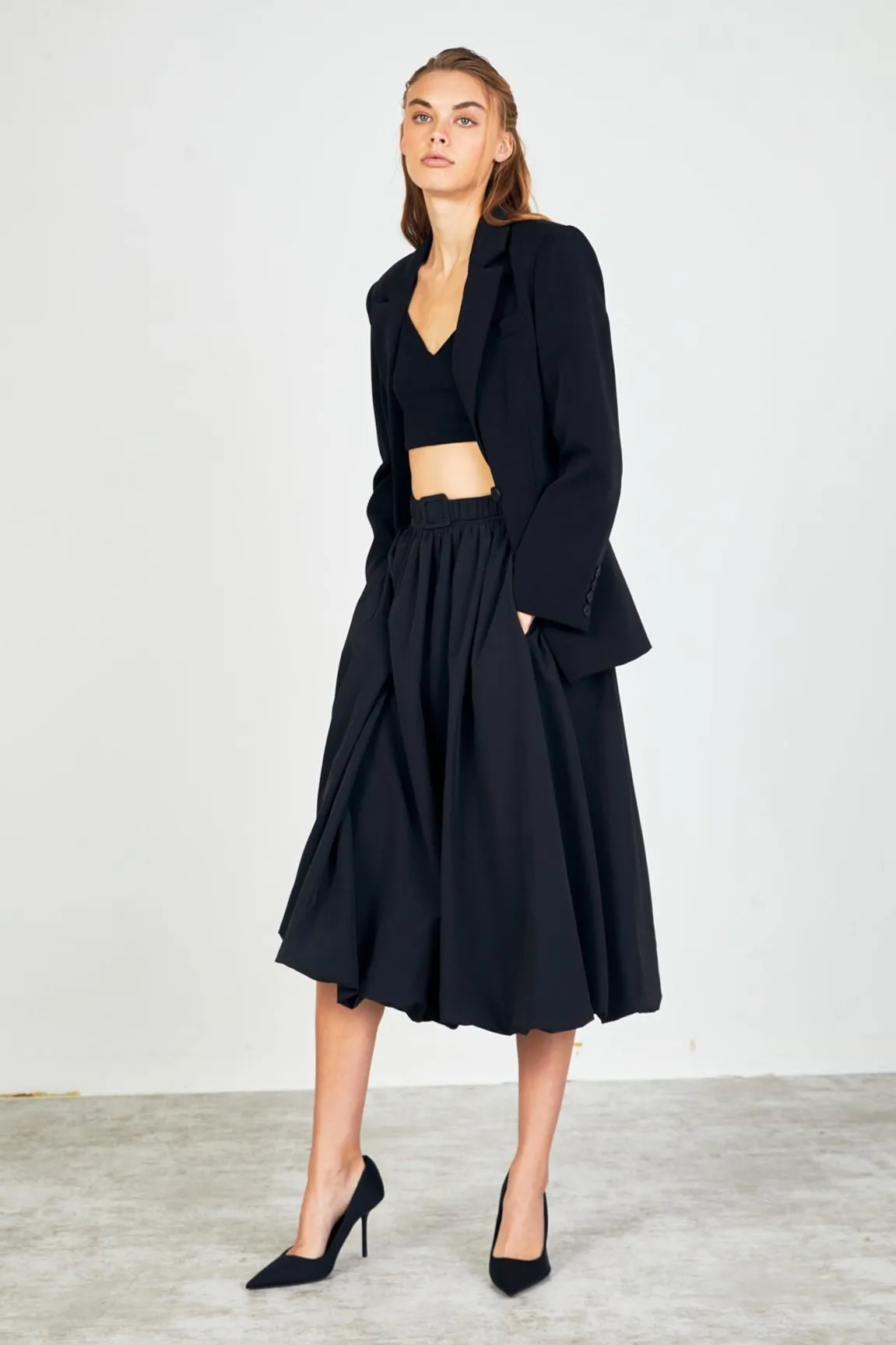 Belted Blouson Midi Skirt