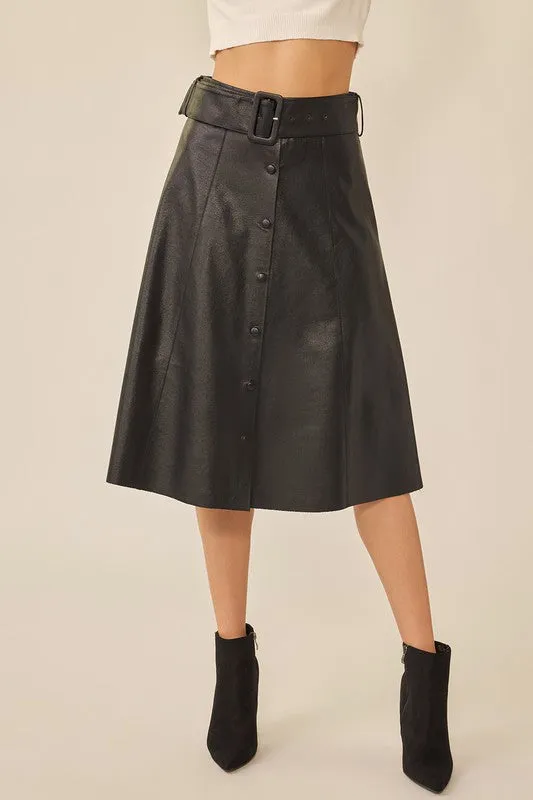 Belted PU Midi Skirt