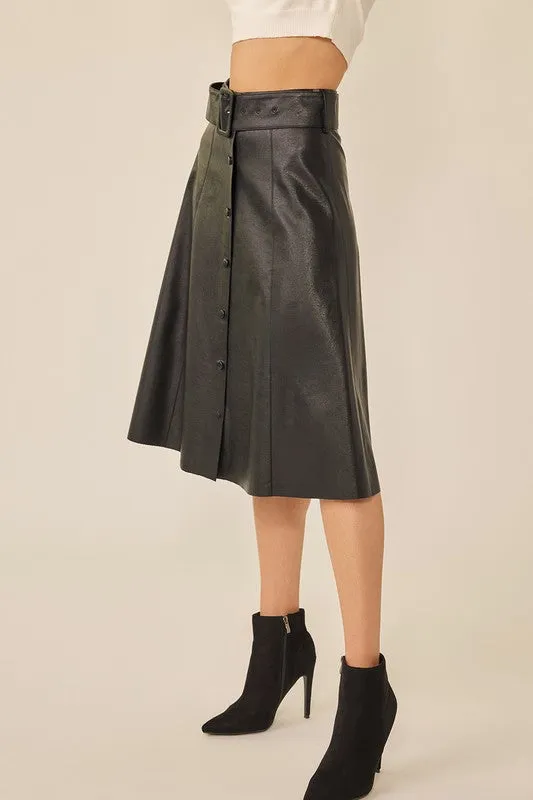 Belted PU Midi Skirt