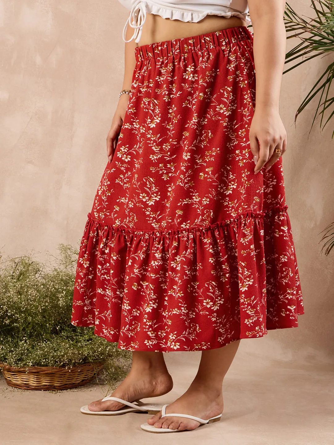 Berrylush Curve Women Red & White Floral Printed High-Rise Elastic Waist Slip-On Gathered A-Line Midi Skirt