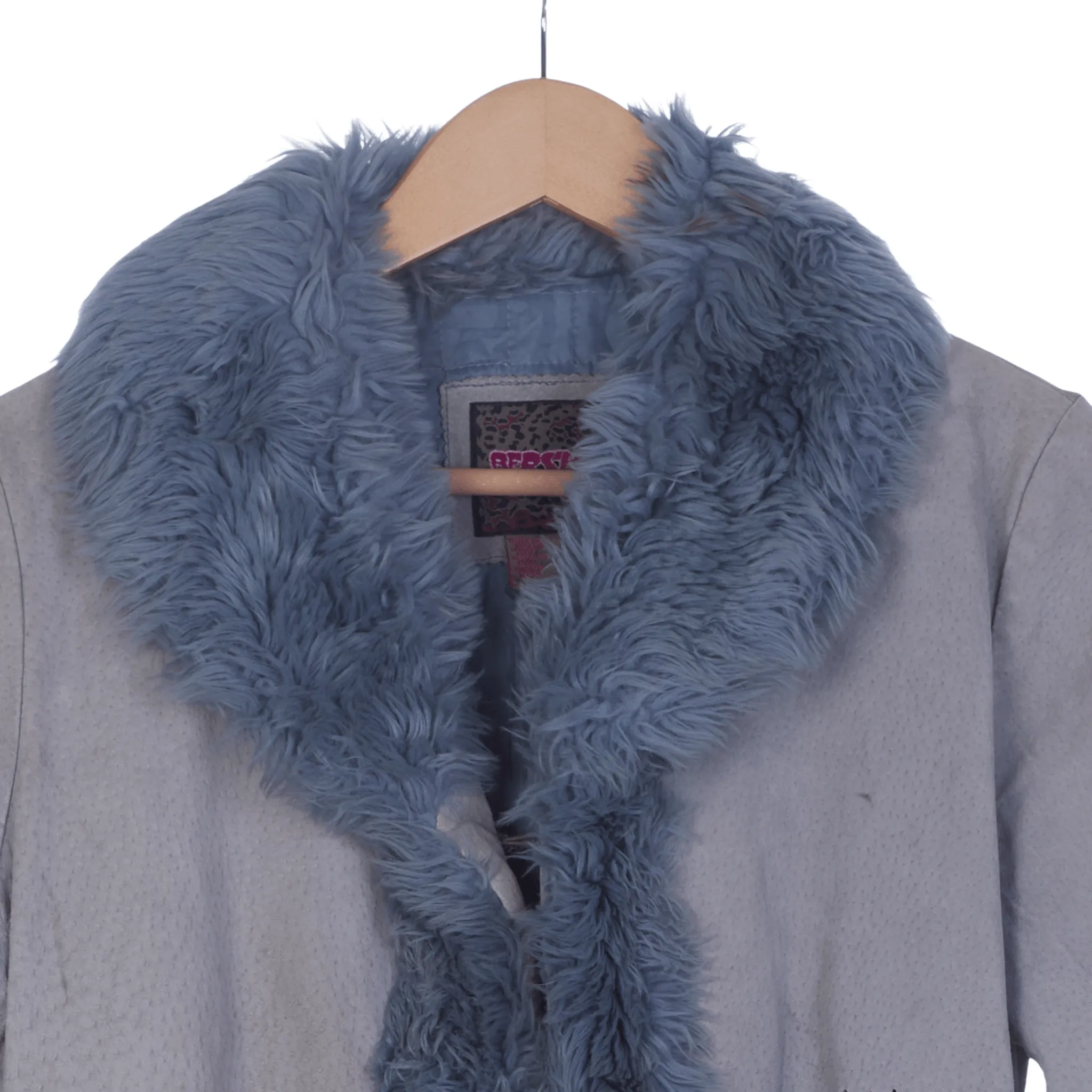 Bershka Leather Faux Fur Collared Grey Long Sleeved Coat UK Size 10