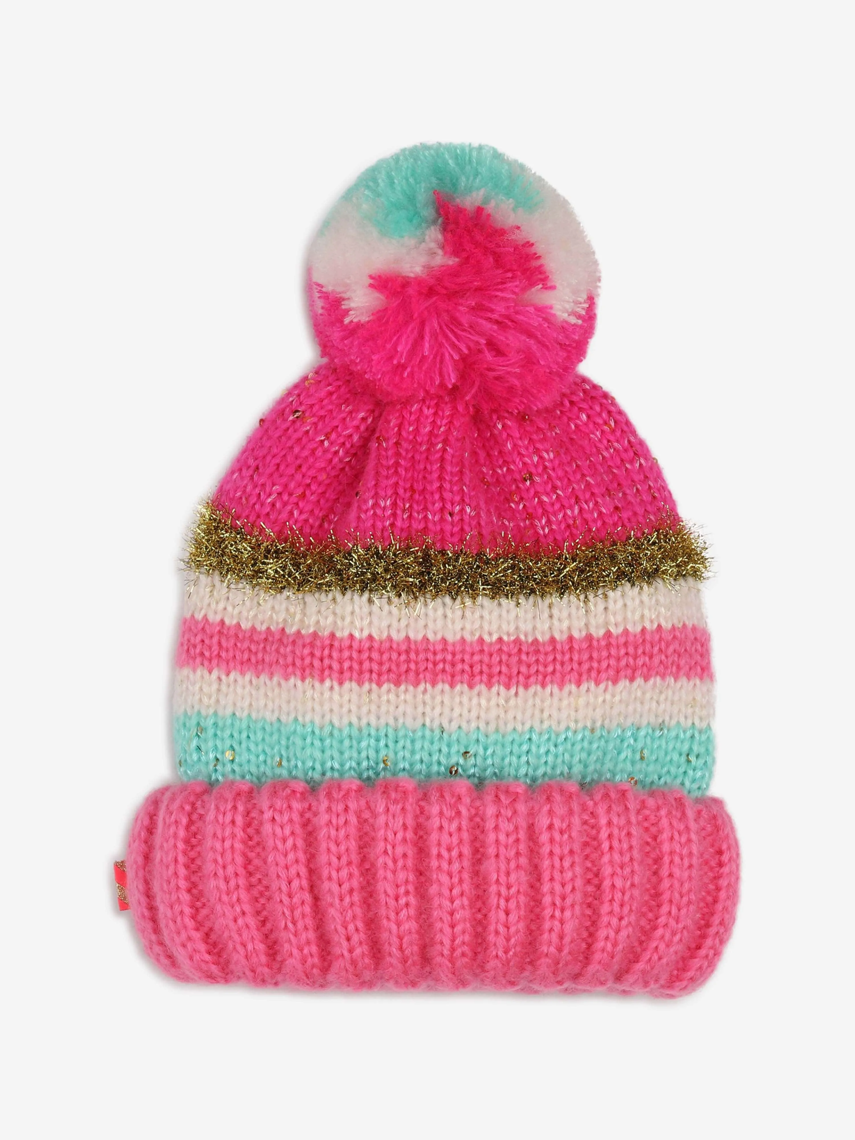 Billieblush Girls Striped Sequin Bobble Hat in Pink