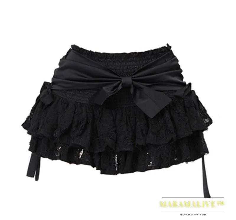 Black A-line Skirt Bow Lace Fluffy Skirt