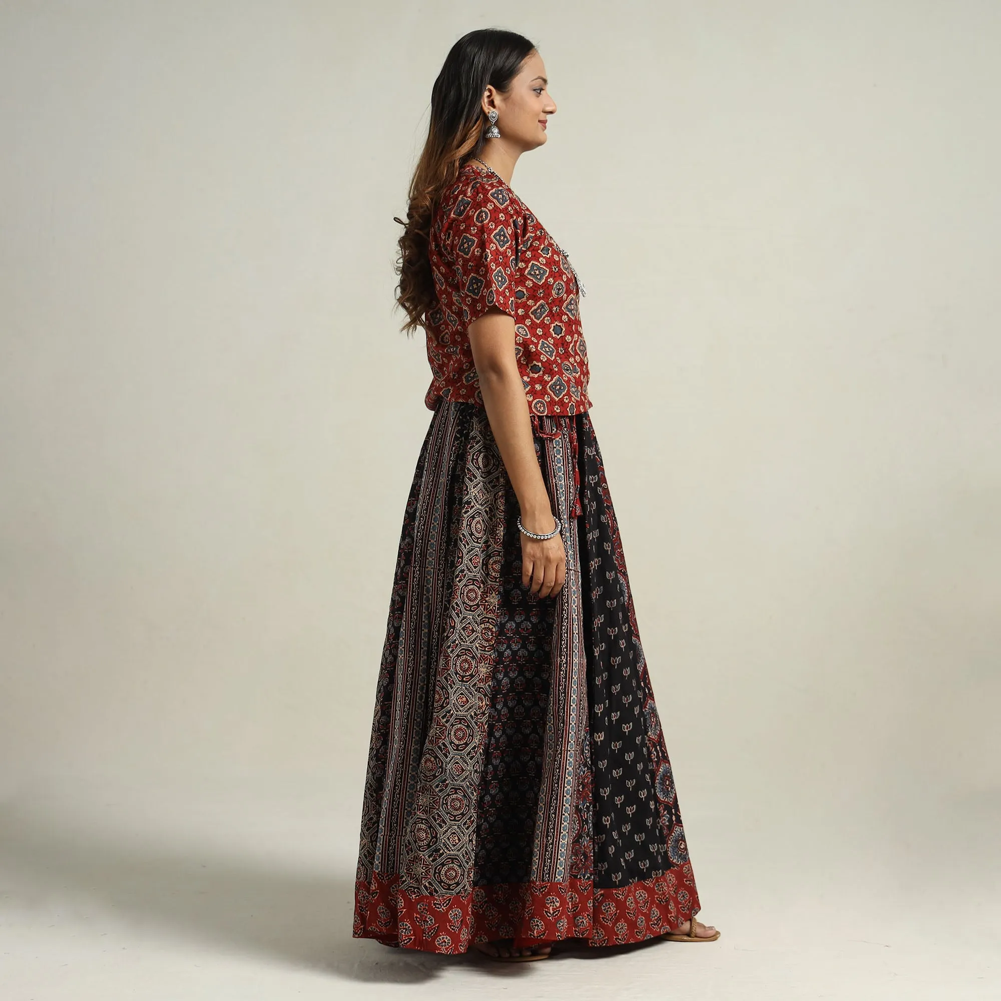 Black - Ajrakh Block Printed 24 Kali Patchwork Cotton Long Skirt 07