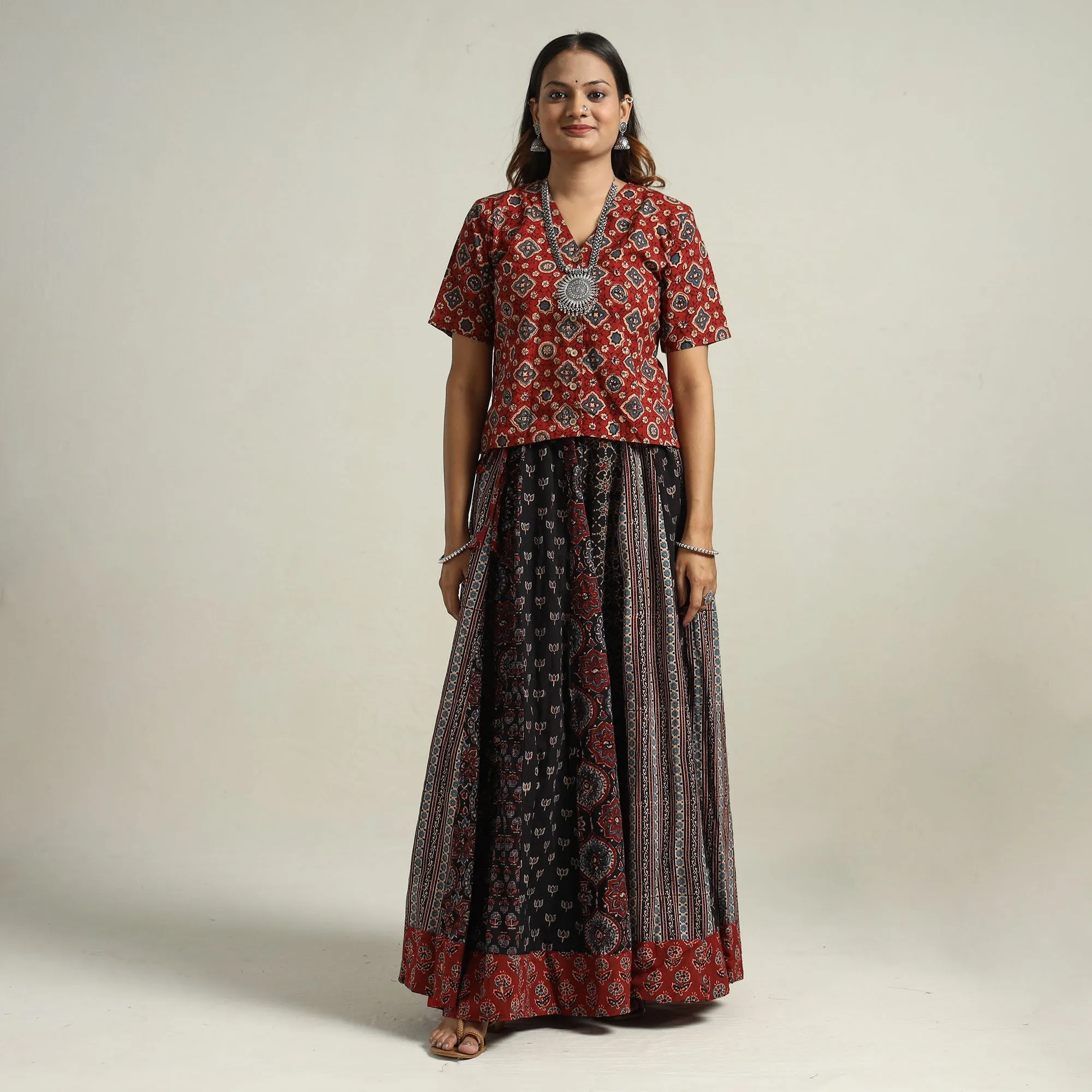 Black - Ajrakh Block Printed 24 Kali Patchwork Cotton Long Skirt 07