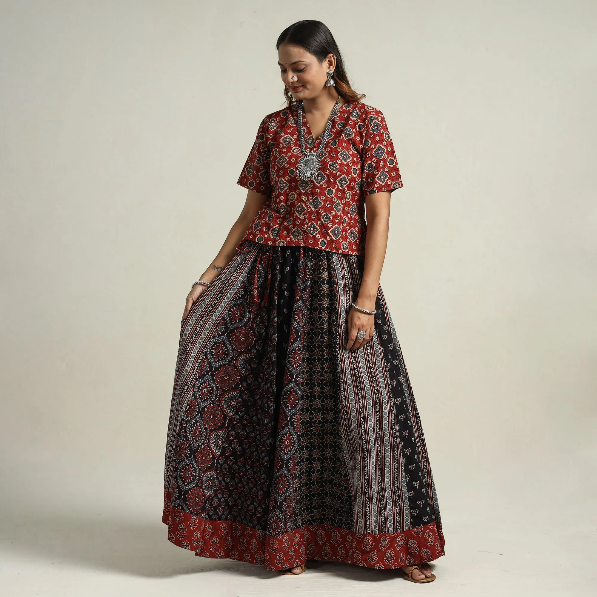 Black - Ajrakh Block Printed 24 Kali Patchwork Cotton Long Skirt 07