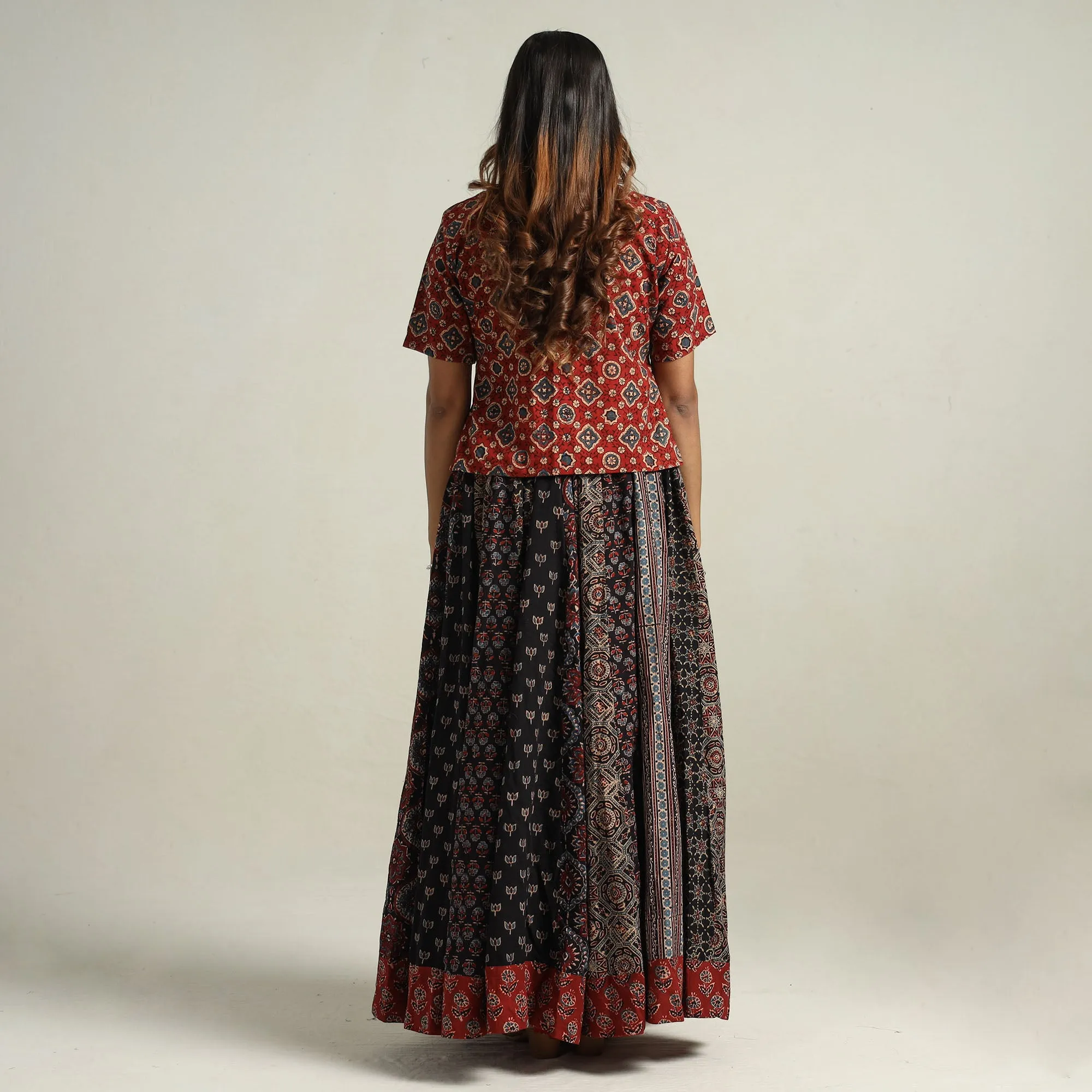 Black - Ajrakh Block Printed 24 Kali Patchwork Cotton Long Skirt 07