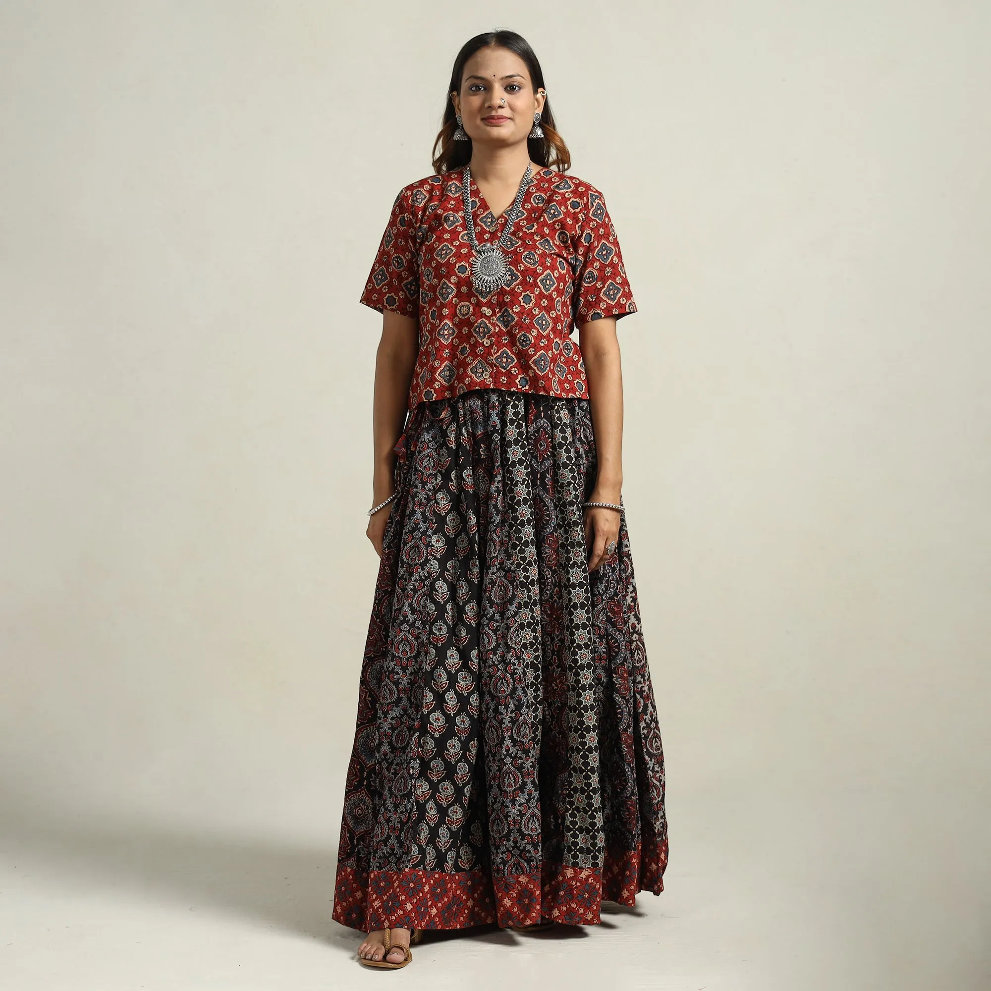 Black - Ajrakh Block Printed 24 Kali Patchwork Cotton Long Skirt 13