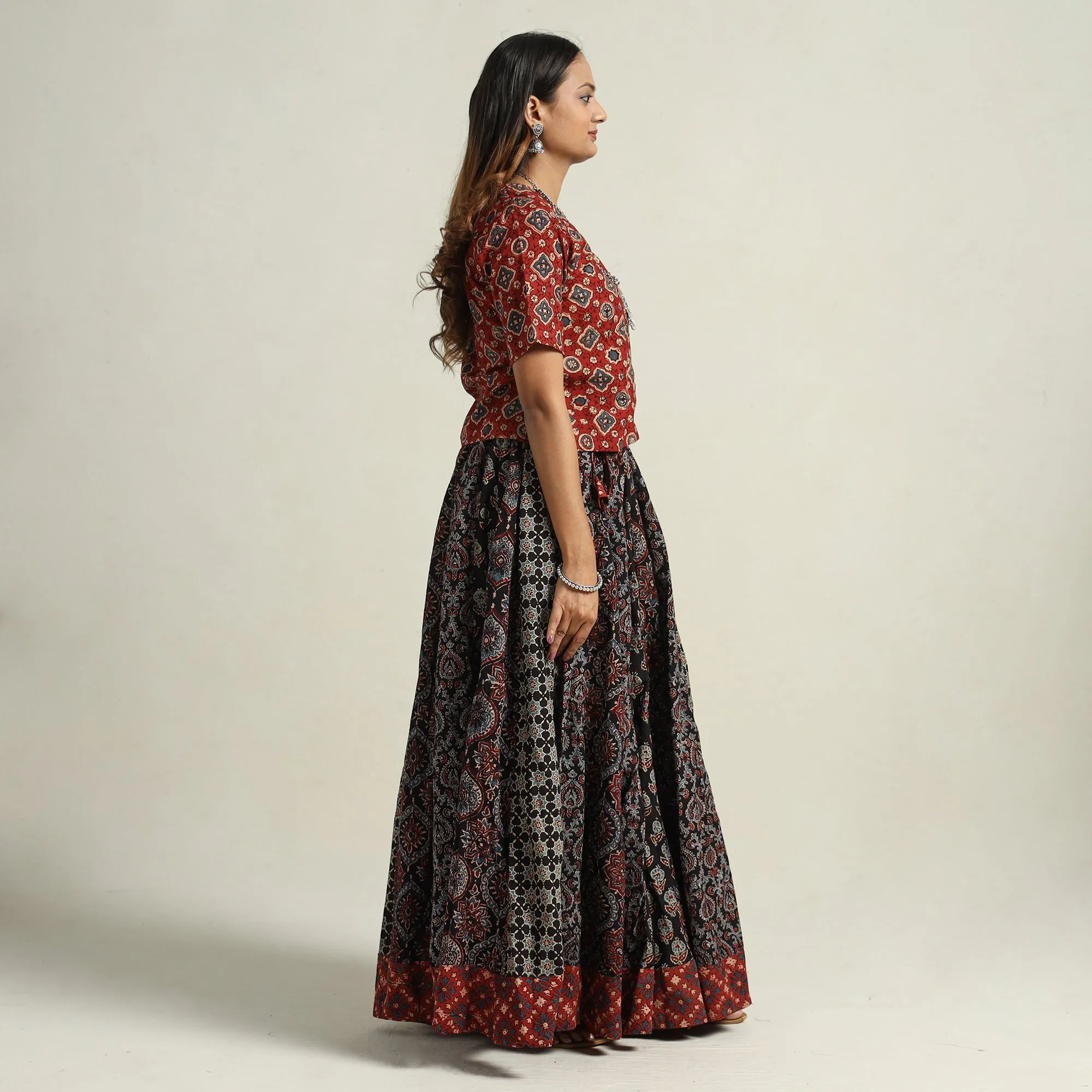 Black - Ajrakh Block Printed 24 Kali Patchwork Cotton Long Skirt 13