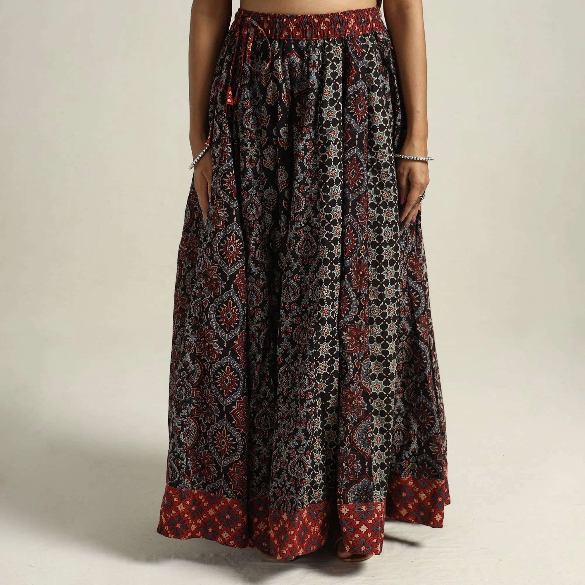 Black - Ajrakh Block Printed 24 Kali Patchwork Cotton Long Skirt 13