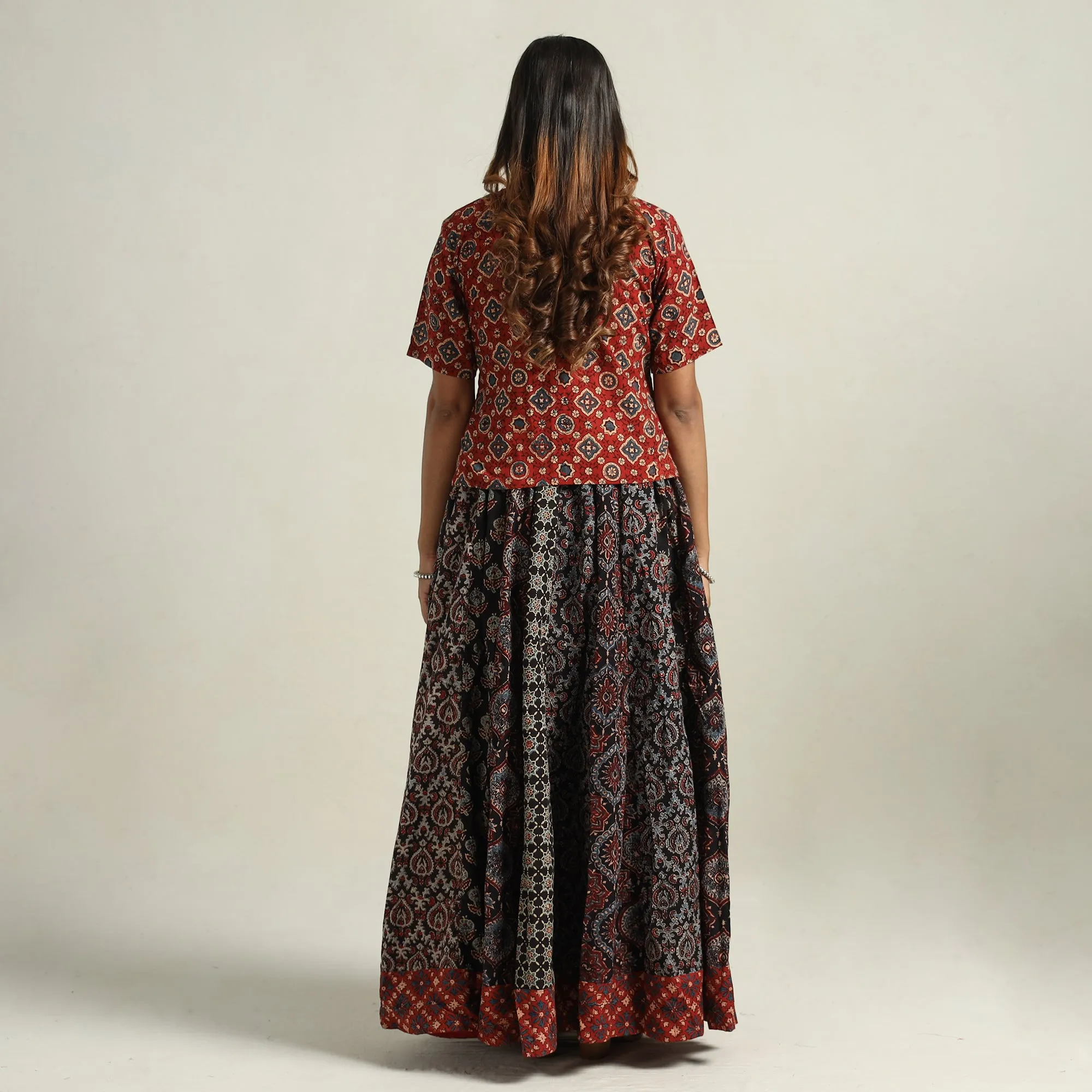 Black - Ajrakh Block Printed 24 Kali Patchwork Cotton Long Skirt 13