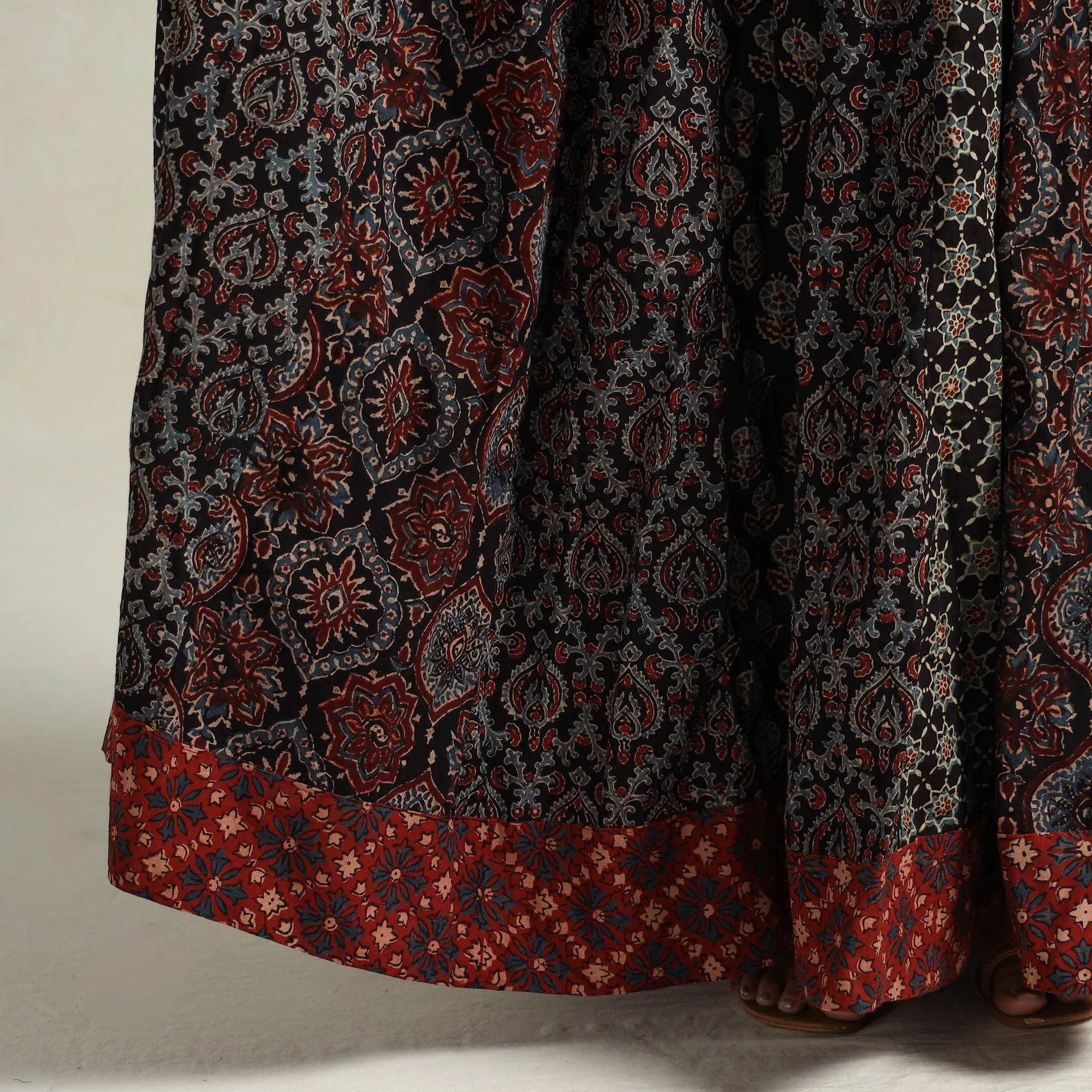 Black - Ajrakh Block Printed 24 Kali Patchwork Cotton Long Skirt 13