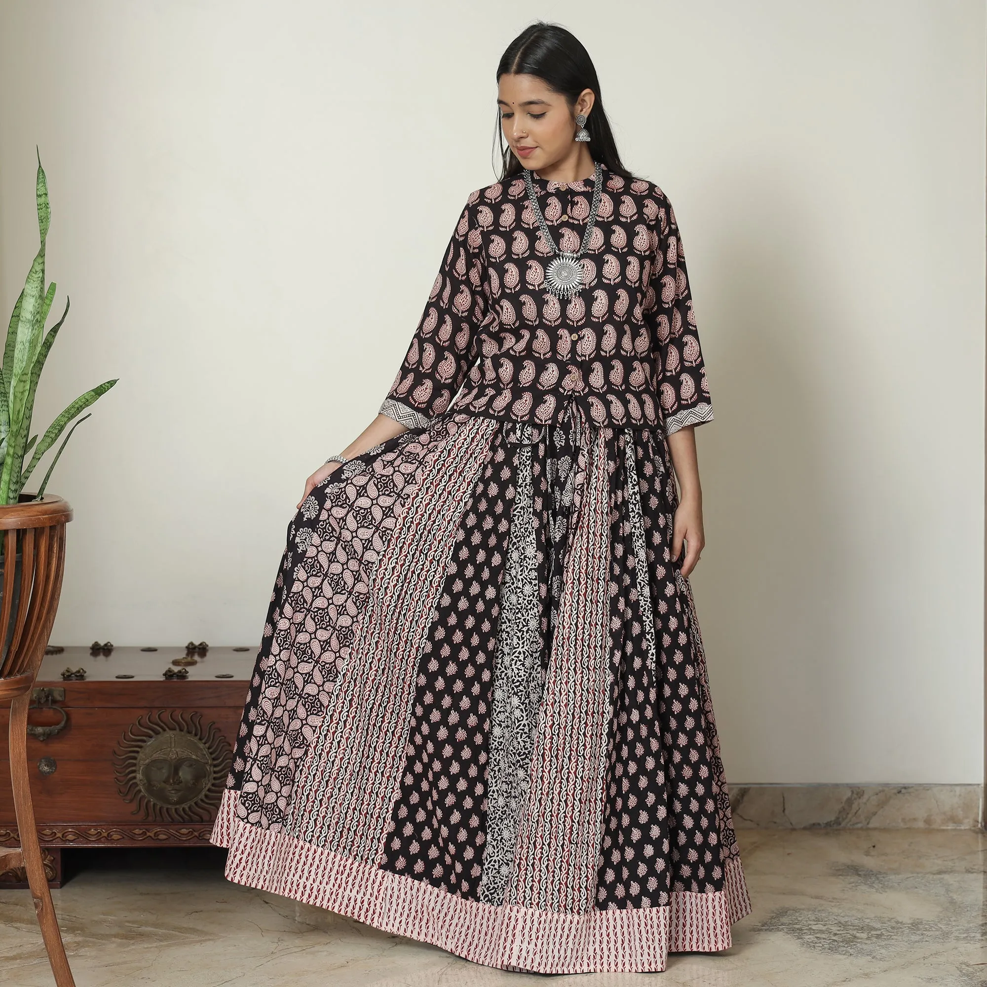 Black - Bagh Block Printed Patchwork Cotton Long Skirt