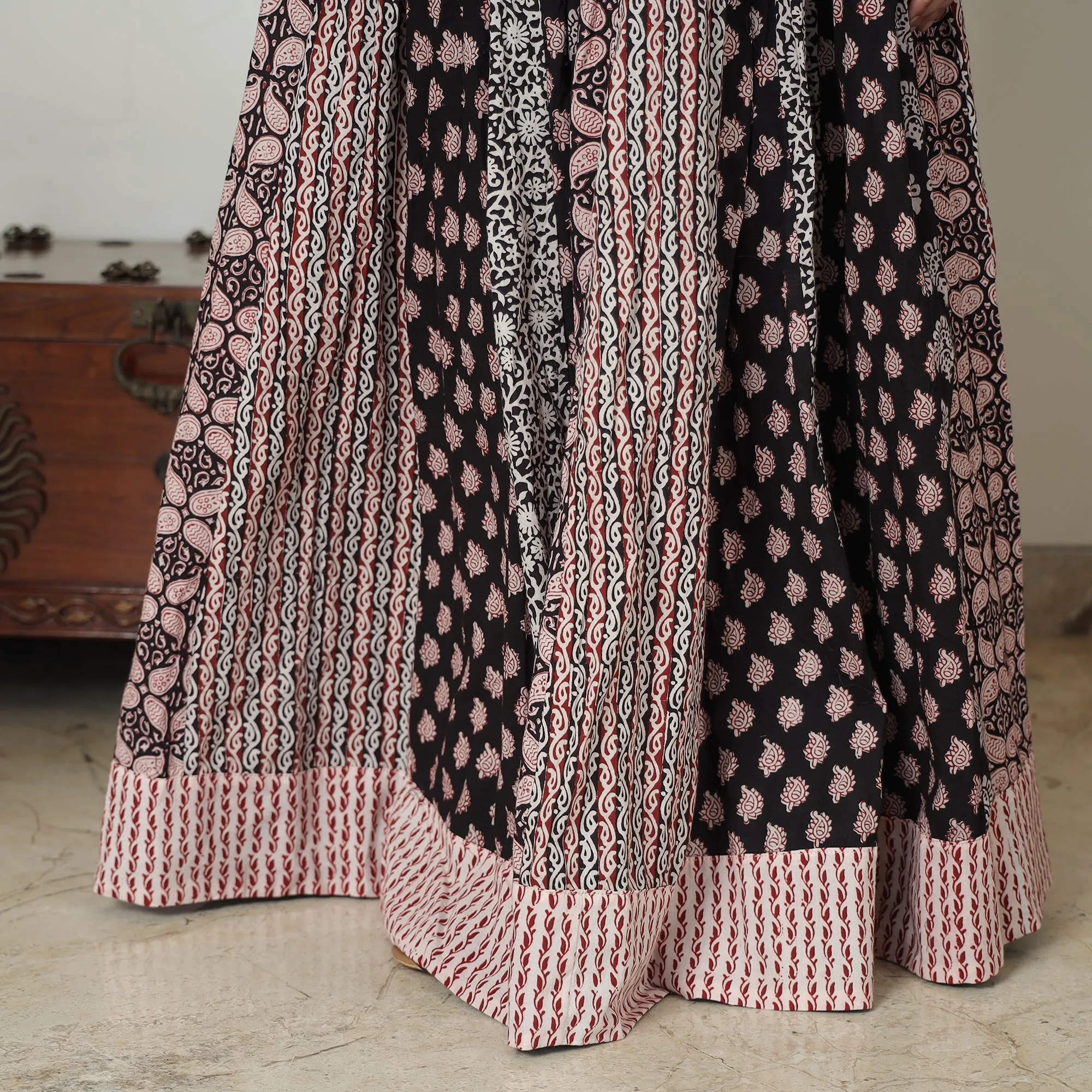 Black - Bagh Block Printed Patchwork Cotton Long Skirt