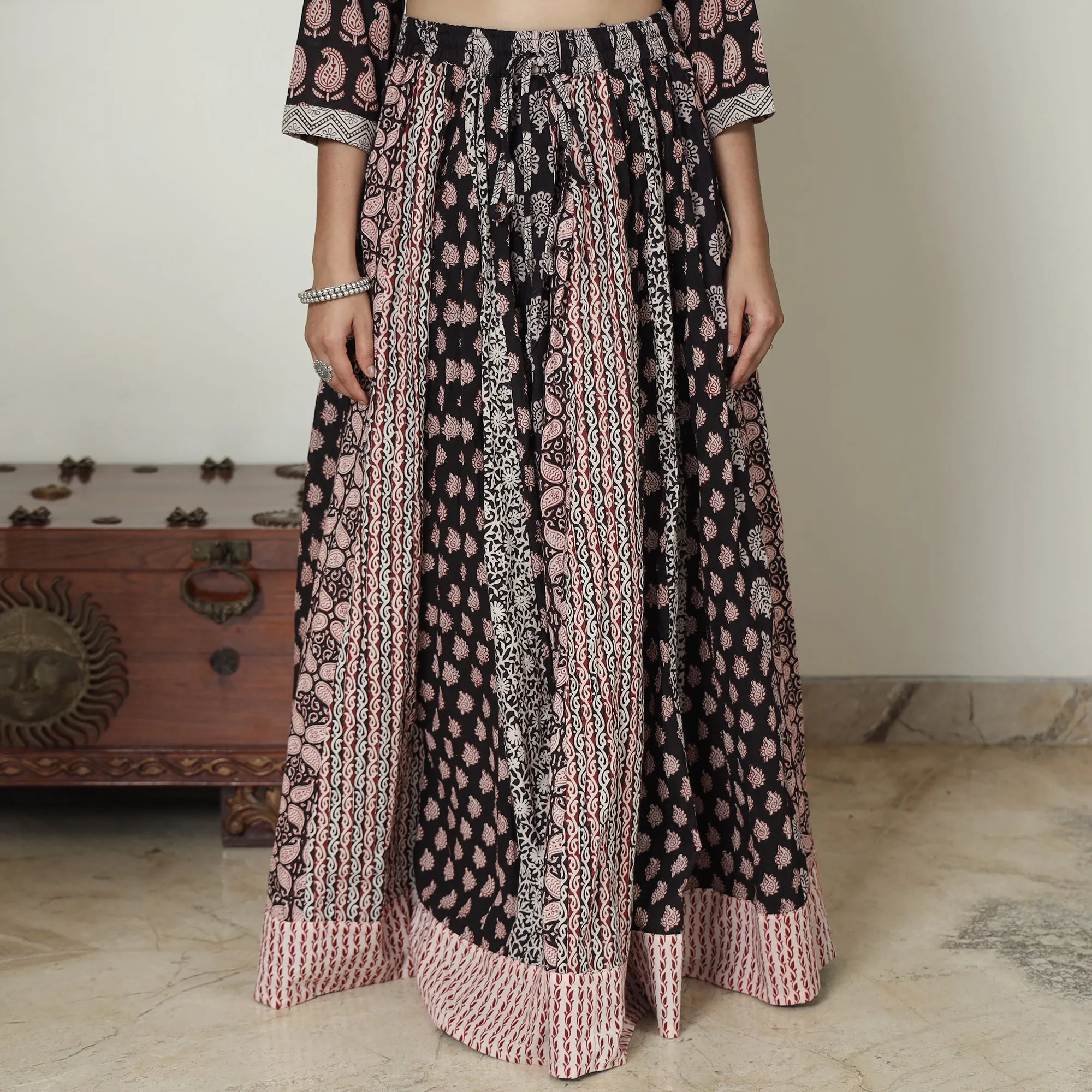 Black - Bagh Block Printed Patchwork Cotton Long Skirt