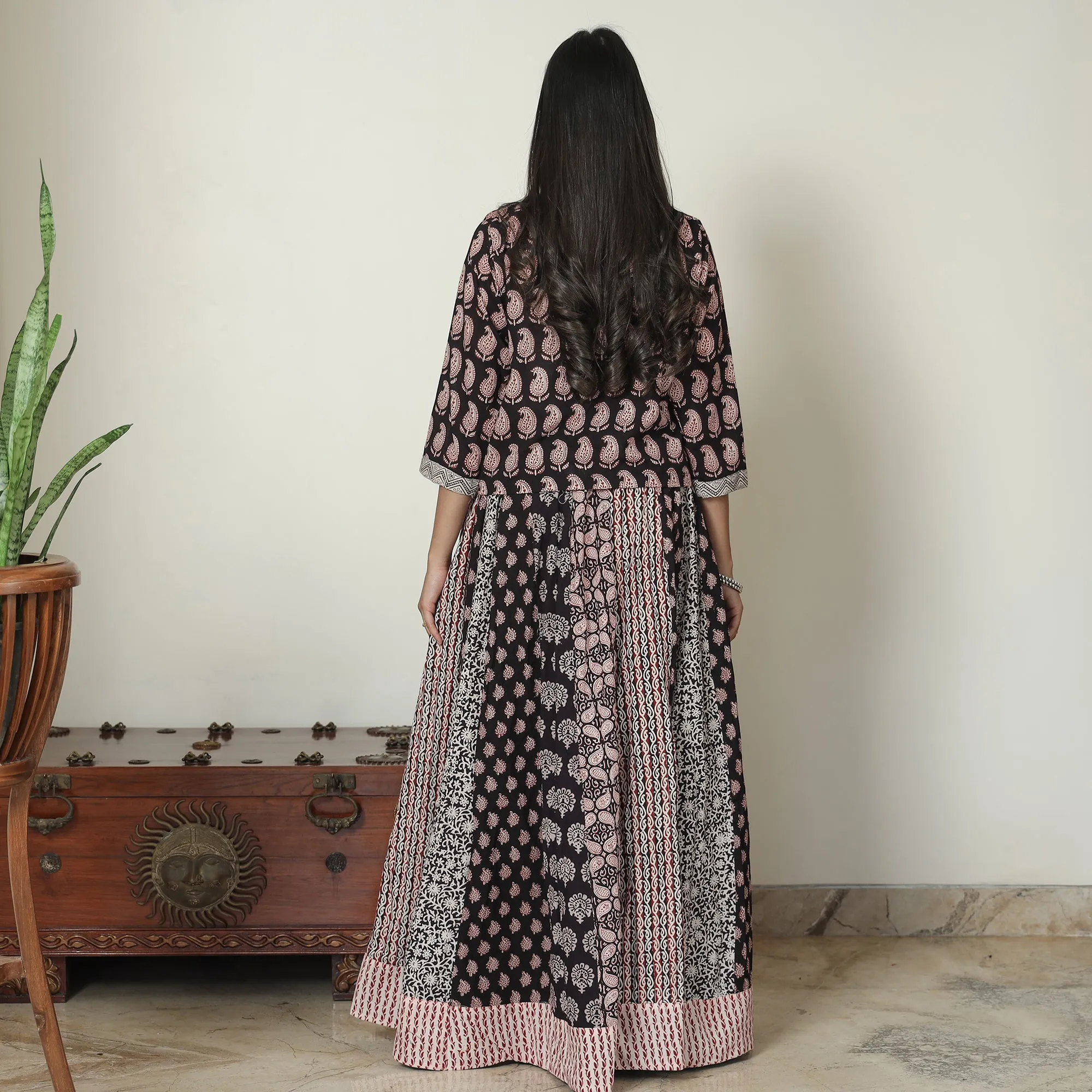 Black - Bagh Block Printed Patchwork Cotton Long Skirt