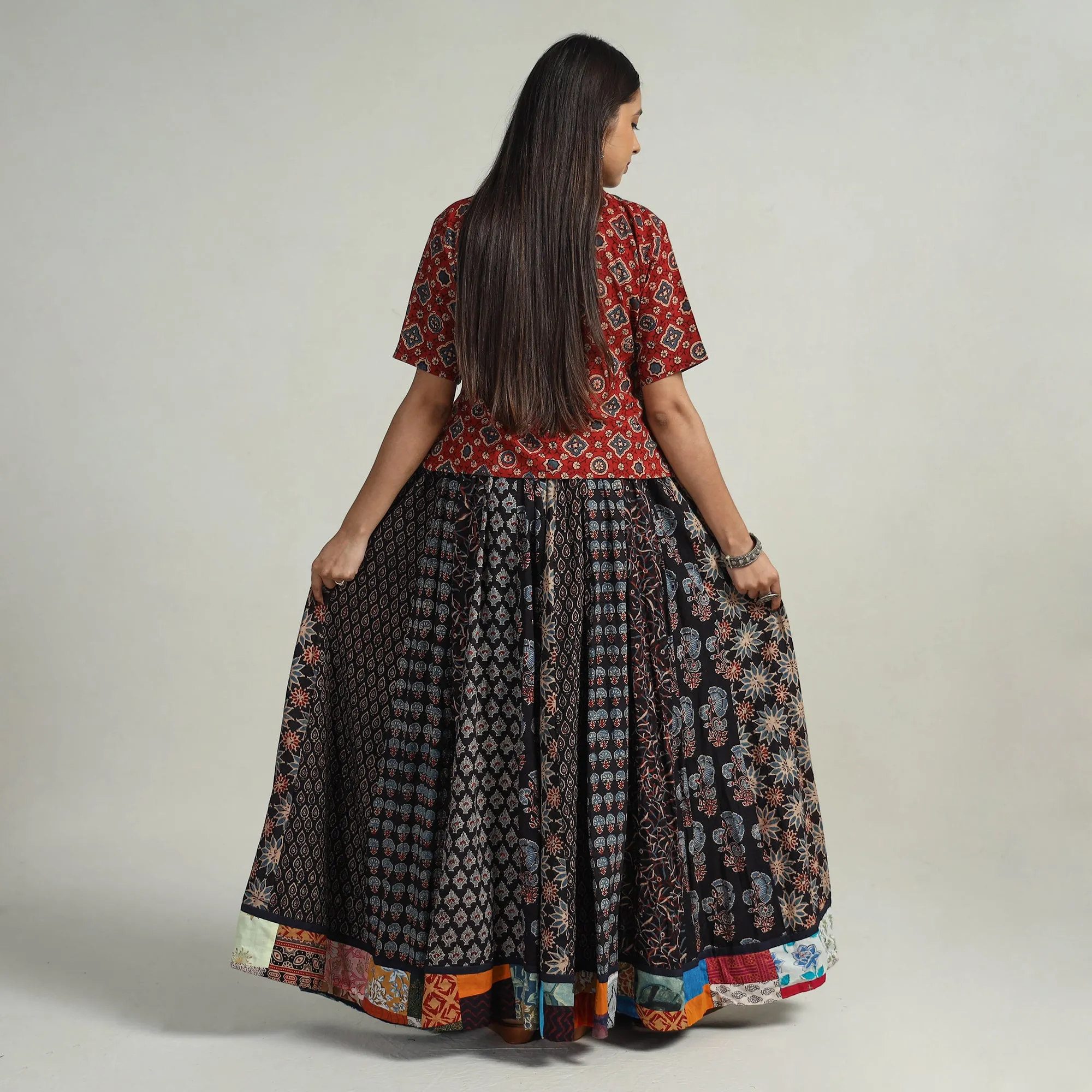 Black - Kutch Block Printed 24 Kali Cotton Long Skirt 02