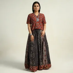 Black - Kutch Block Printed 24 Kali Cotton Long Skirt 36