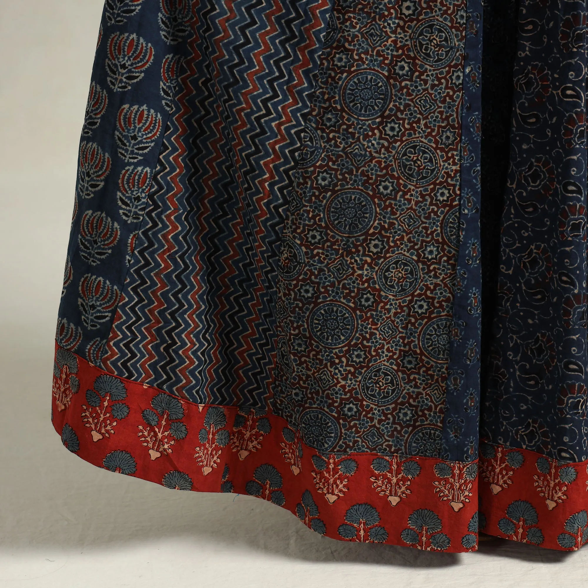 Blue - Ajrakh Block Printed 24 Kali Patchwork Cotton Long Skirt 10