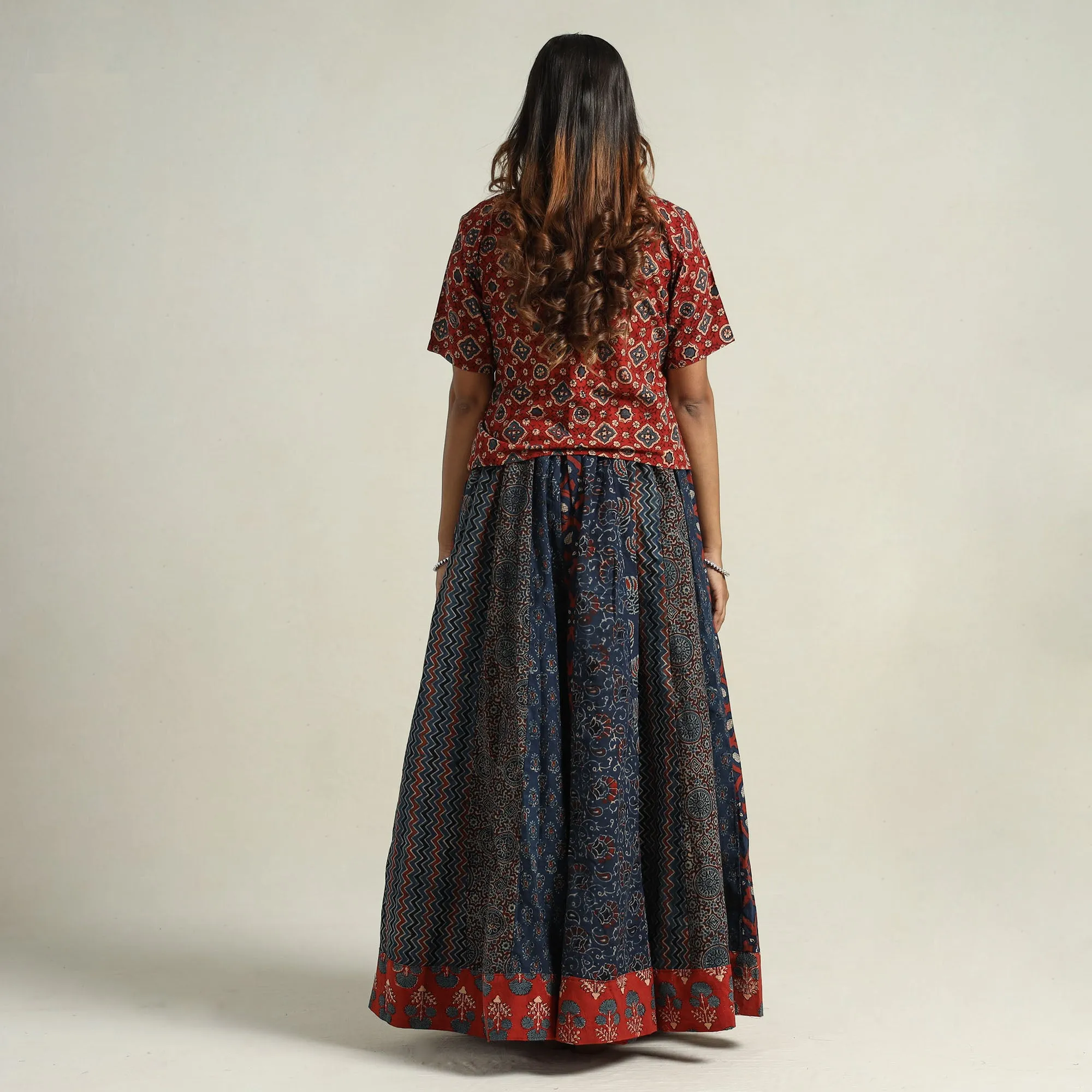 Blue - Ajrakh Block Printed 24 Kali Patchwork Cotton Long Skirt 10