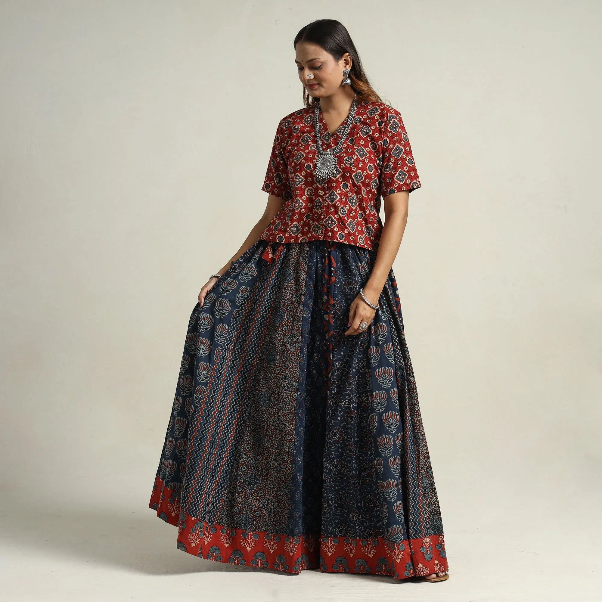 Blue - Ajrakh Block Printed 24 Kali Patchwork Cotton Long Skirt 10