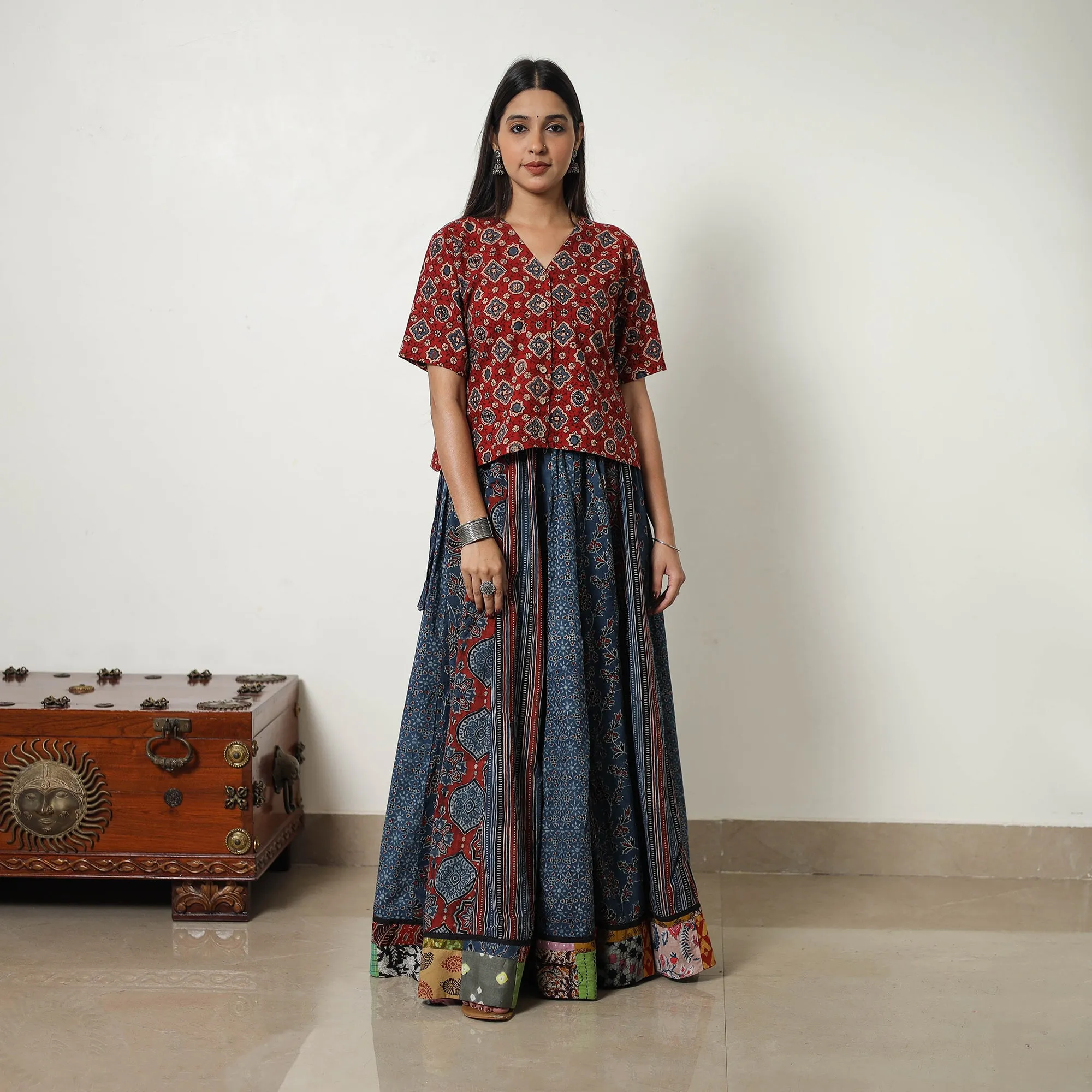 Blue - Block Print Cotton 24 Kali Patchwork Ajrakh Long Skirt 09